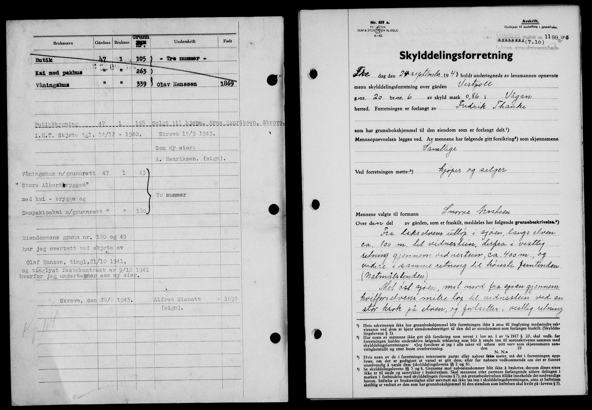 Lofoten sorenskriveri, SAT/A-0017/1/2/2C/L0011a: Mortgage book no. 11a, 1943-1943, Diary no: : 1188/1943