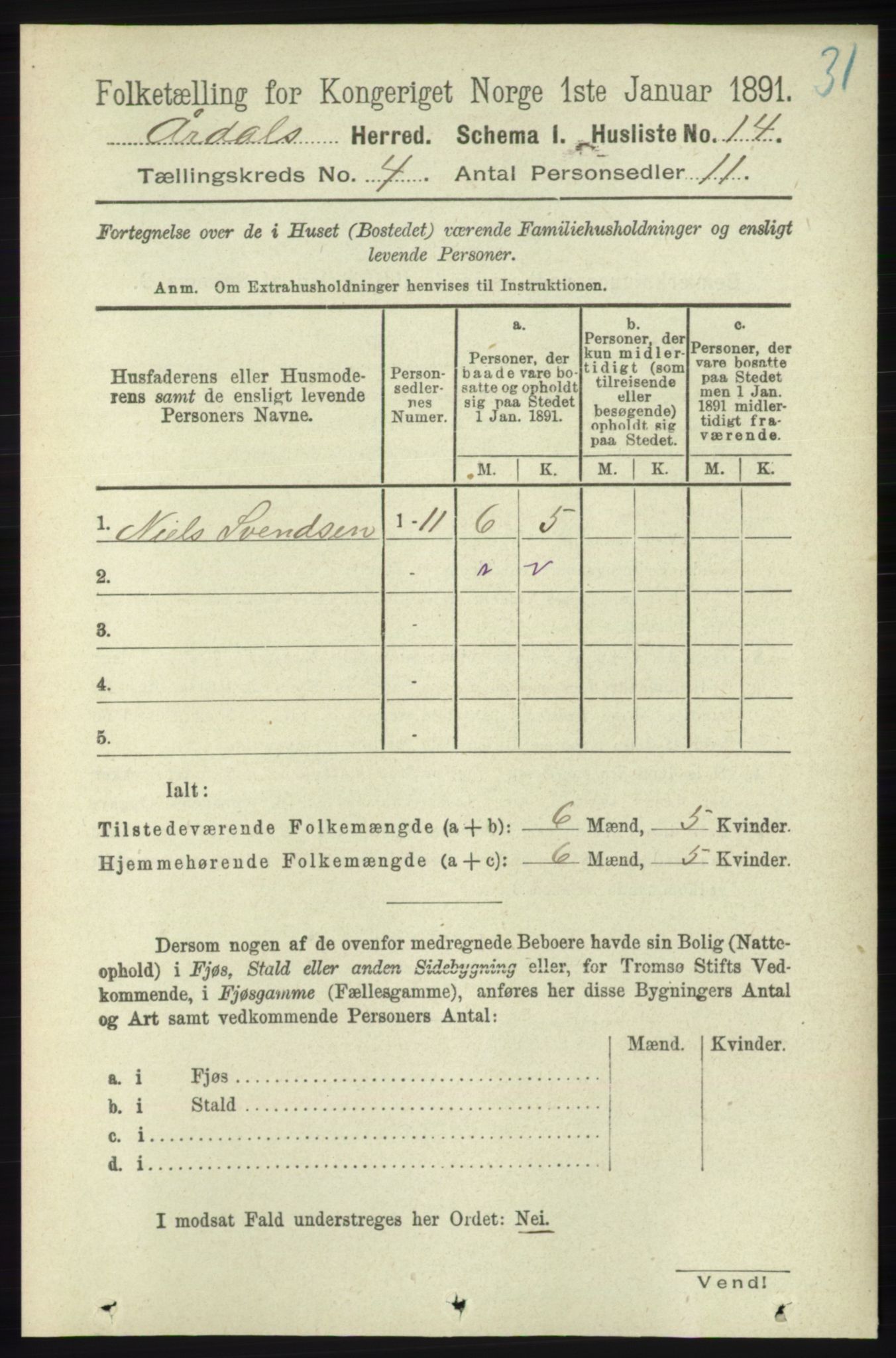 RA, 1891 census for 1131 Årdal, 1891, p. 1084