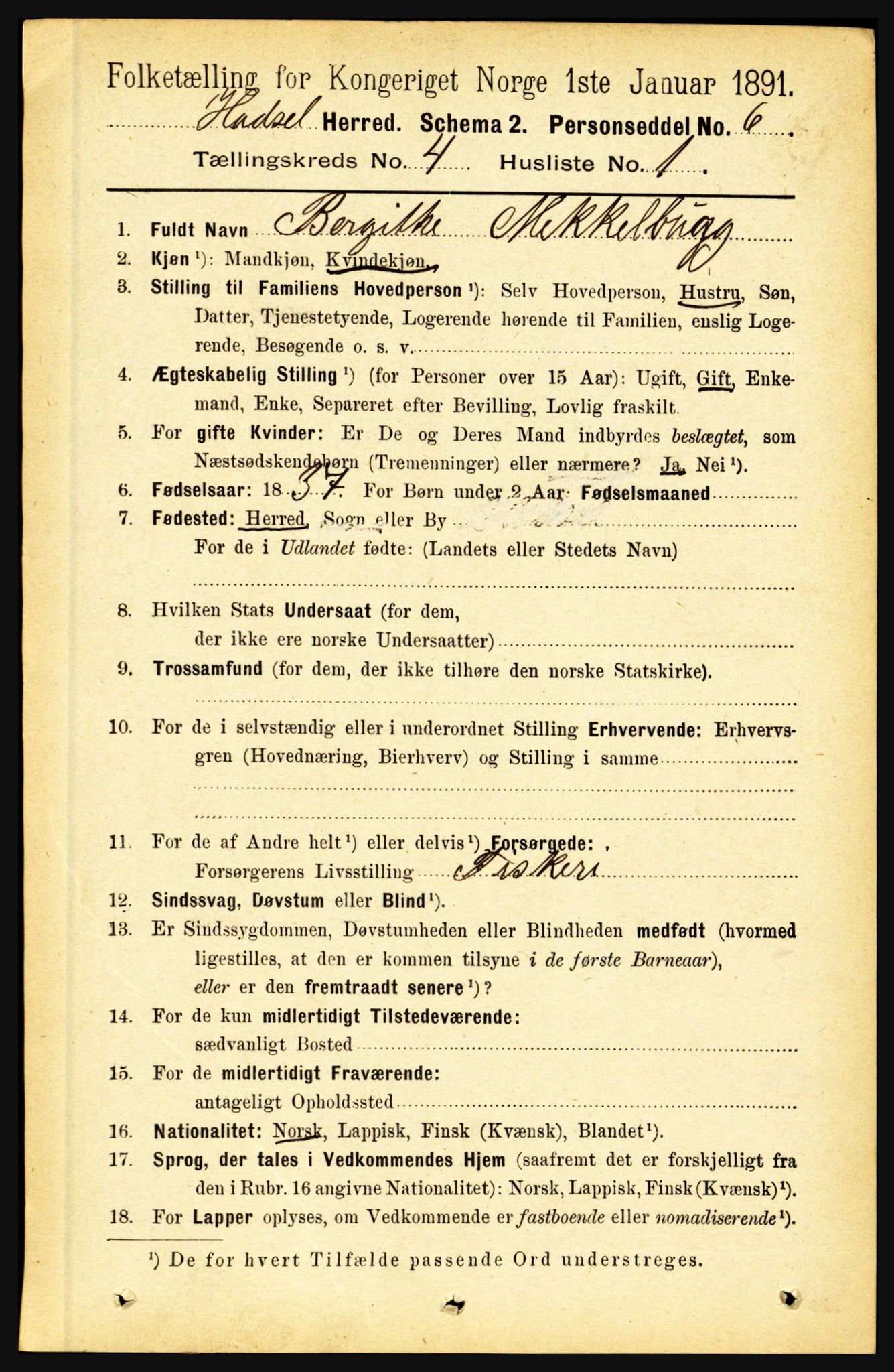 RA, 1891 census for 1866 Hadsel, 1891, p. 1714