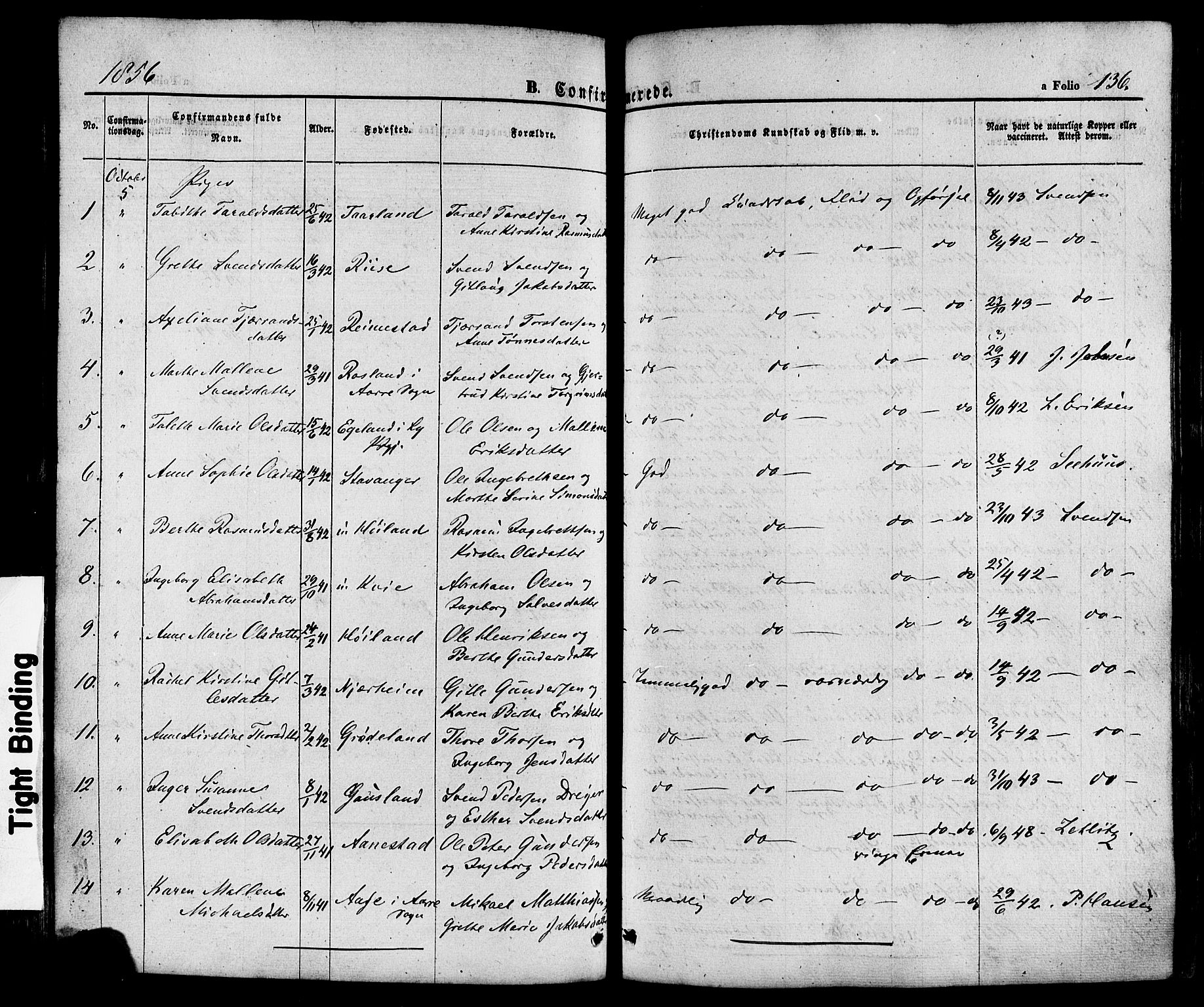 Hå sokneprestkontor, AV/SAST-A-101801/001/30BA/L0008: Parish register (official) no. A 7, 1853-1878, p. 136