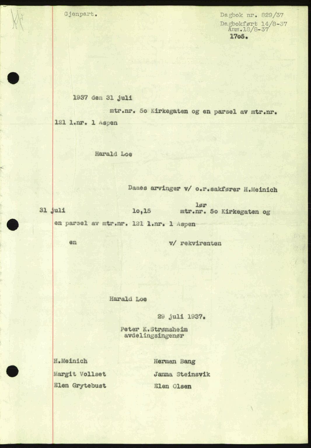 Ålesund byfogd, AV/SAT-A-4384: Mortgage book no. 34 I, 1936-1938, Diary no: : 829/1937