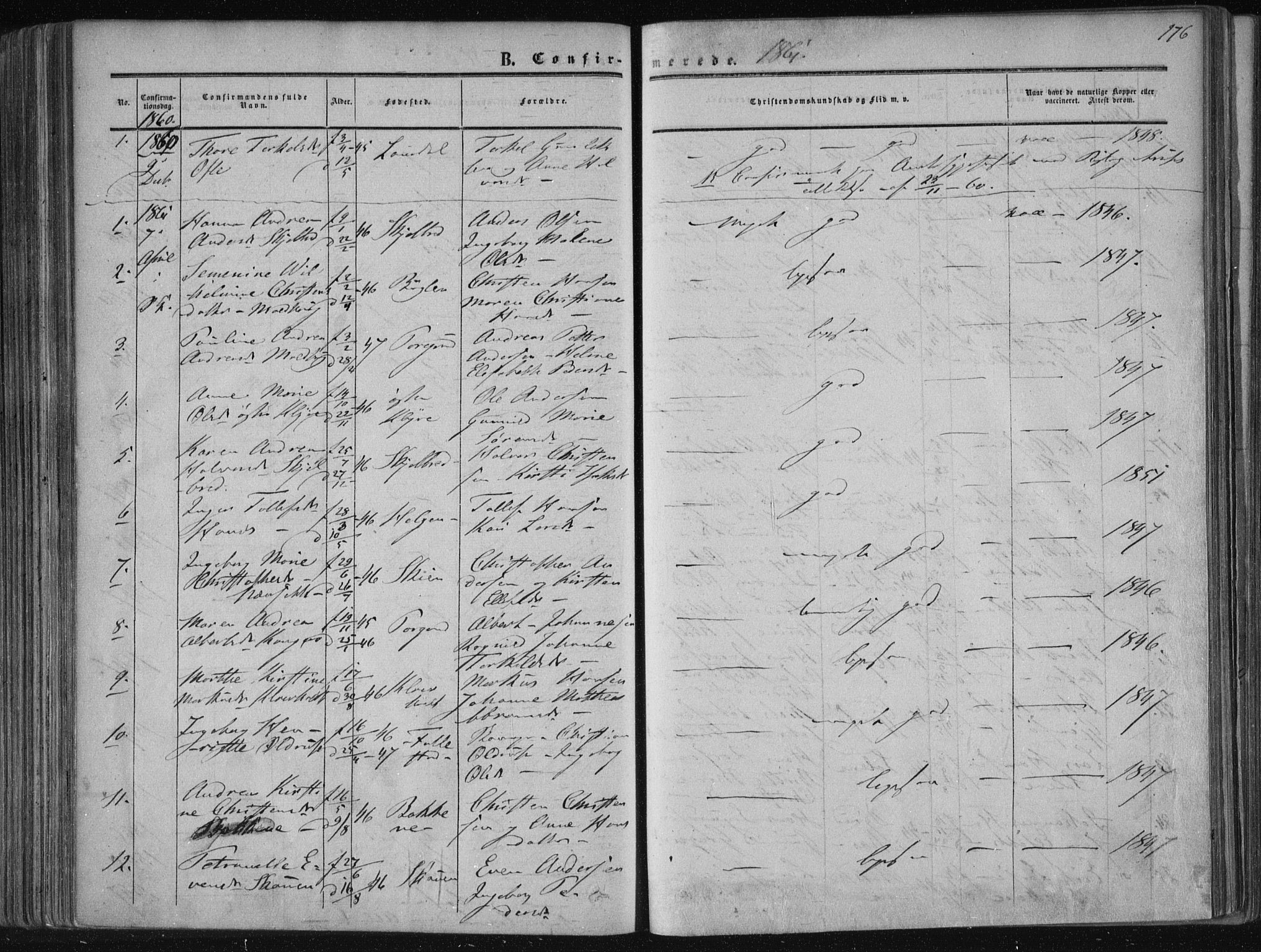 Solum kirkebøker, SAKO/A-306/F/Fa/L0007: Parish register (official) no. I 7, 1856-1864, p. 176