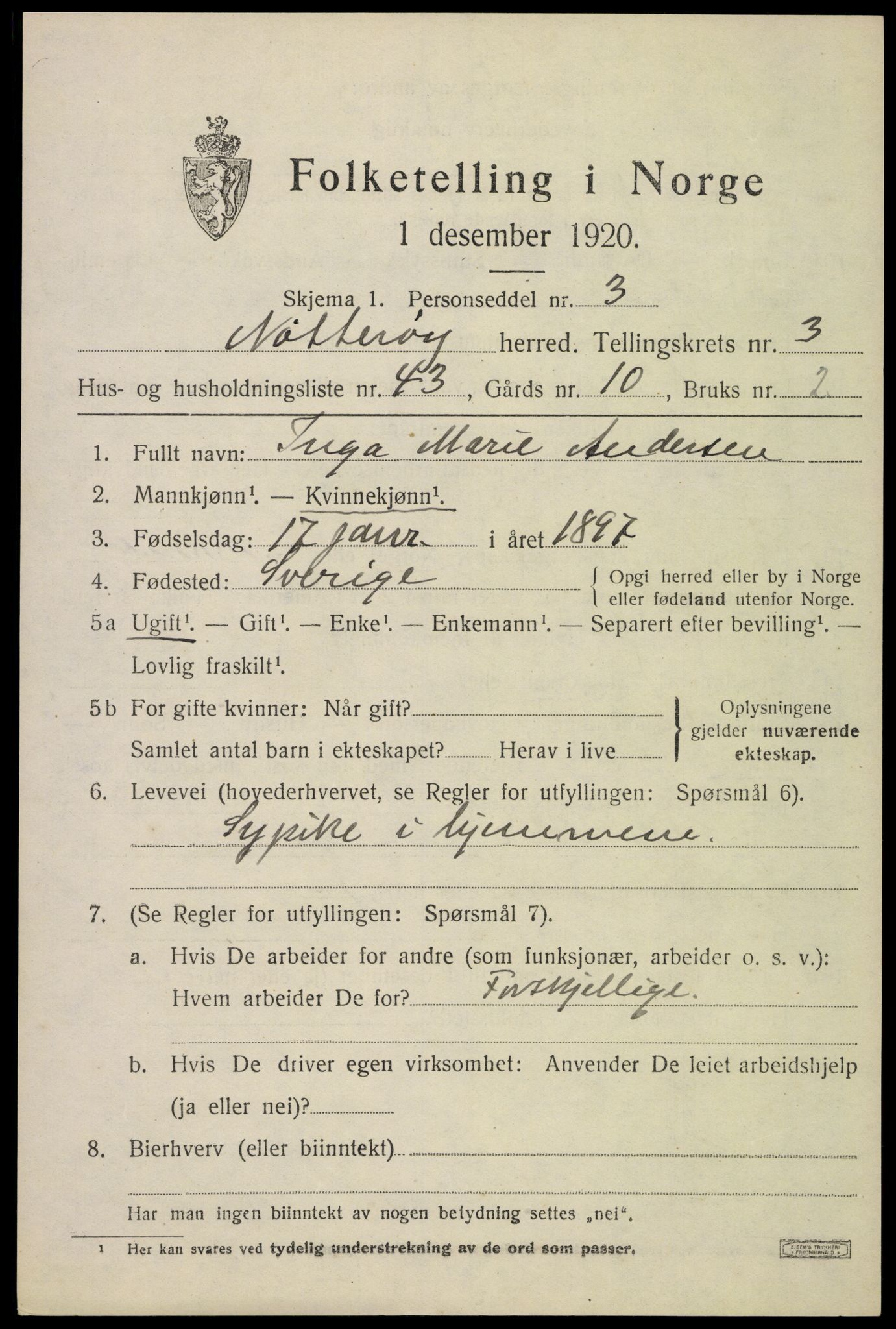 SAKO, 1920 census for Nøtterøy, 1920, p. 6009