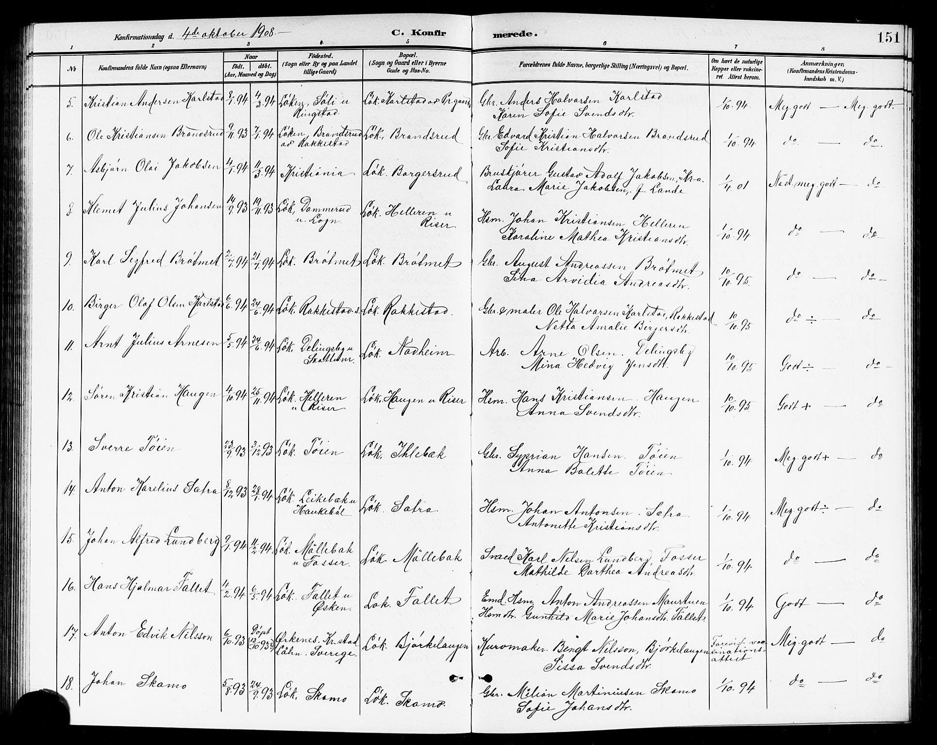 Høland prestekontor Kirkebøker, SAO/A-10346a/G/Ga/L0007: Parish register (copy) no. I 7, 1902-1914, p. 151