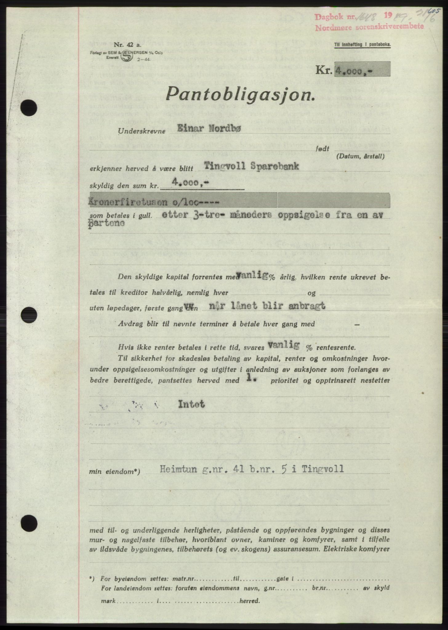 Nordmøre sorenskriveri, AV/SAT-A-4132/1/2/2Ca: Mortgage book no. B101, 1949-1949, Diary no: : 1648/1949