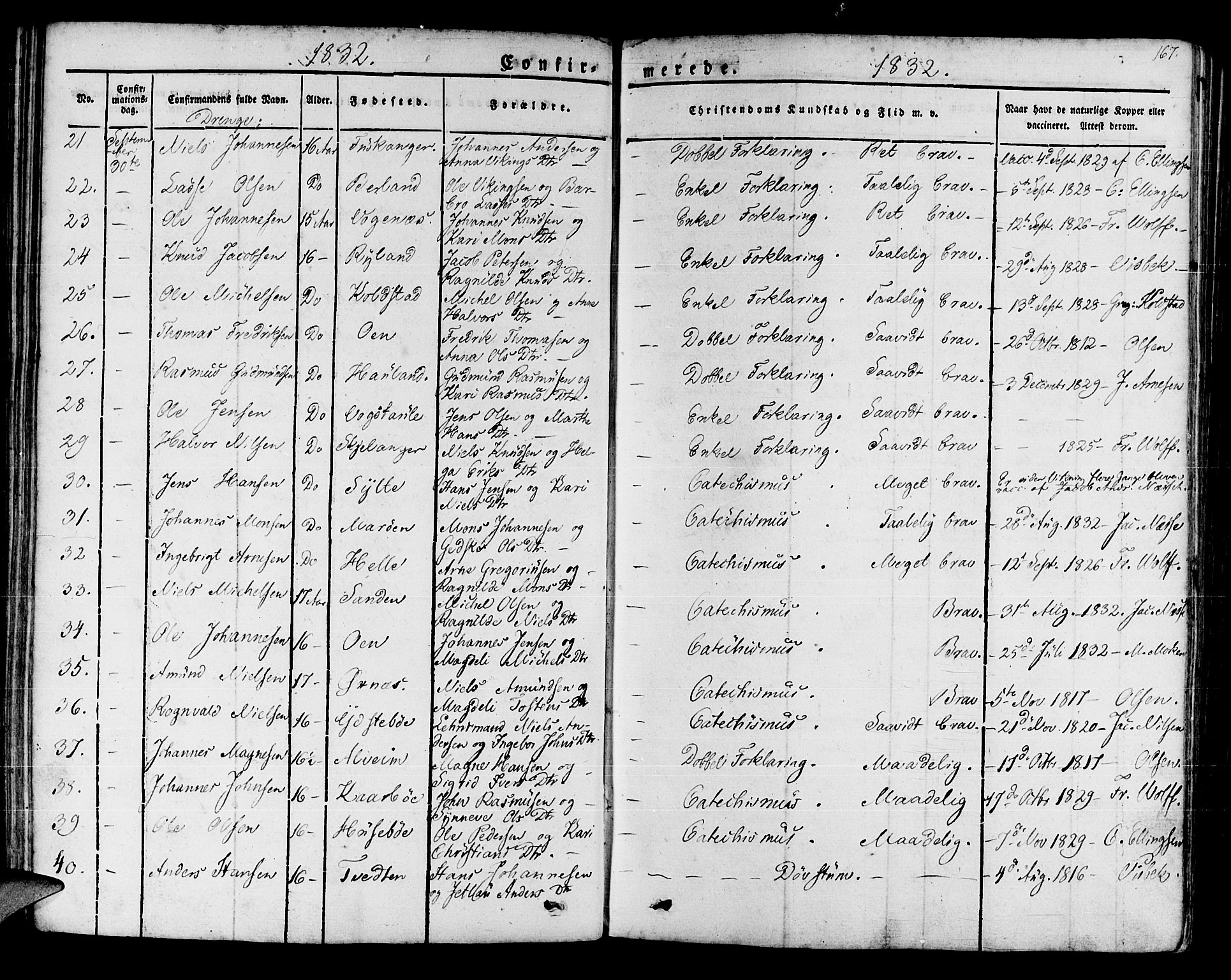 Manger sokneprestembete, SAB/A-76801/H/Haa: Parish register (official) no. A 4, 1824-1838, p. 167