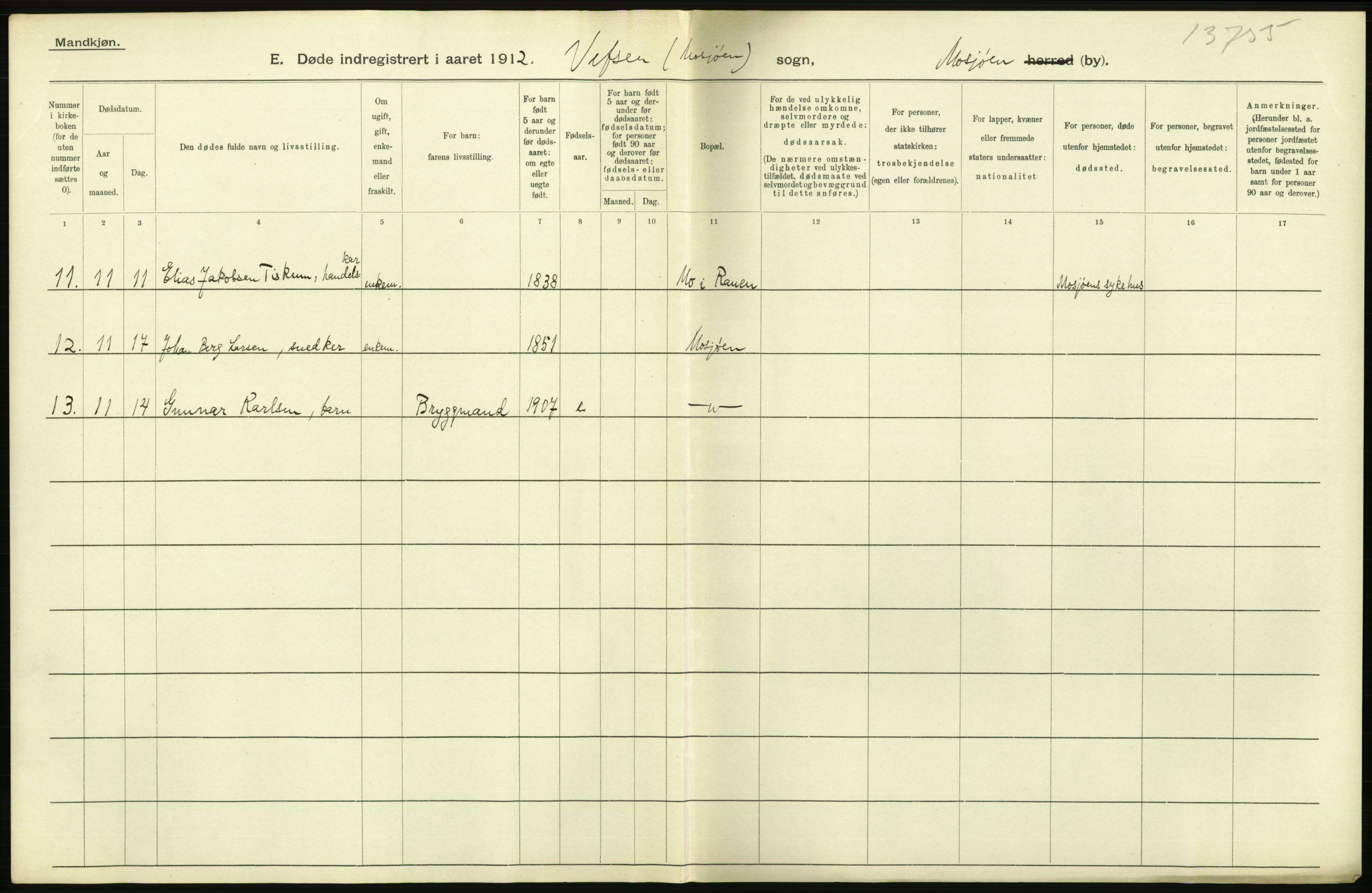 Statistisk sentralbyrå, Sosiodemografiske emner, Befolkning, RA/S-2228/D/Df/Dfb/Dfbb/L0048: Nordlands amt: Døde, dødfødte. Bygder og byer., 1912, p. 30