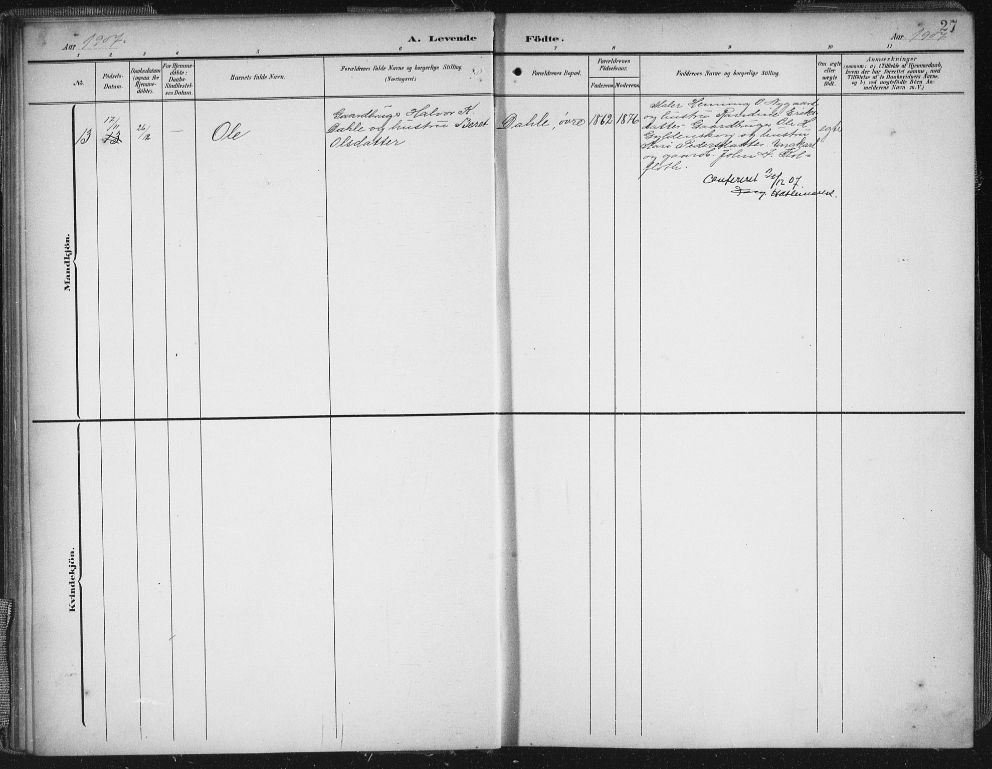Ministerialprotokoller, klokkerbøker og fødselsregistre - Møre og Romsdal, SAT/A-1454/545/L0589: Parish register (copy) no. 545C03, 1902-1937, p. 27
