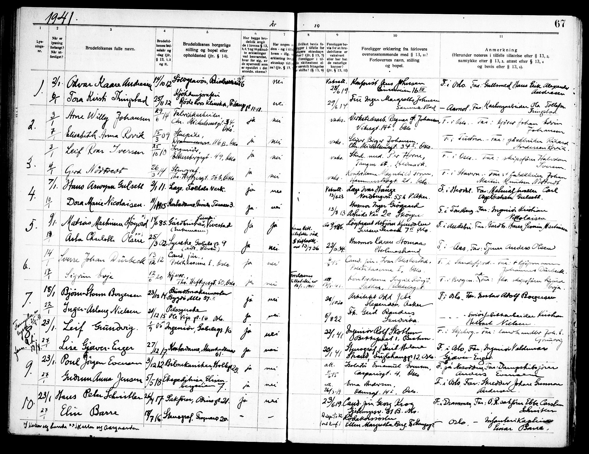 Frogner prestekontor Kirkebøker, SAO/A-10886/H/Ha/L0009: Banns register no. 9, 1938-1945, p. 67