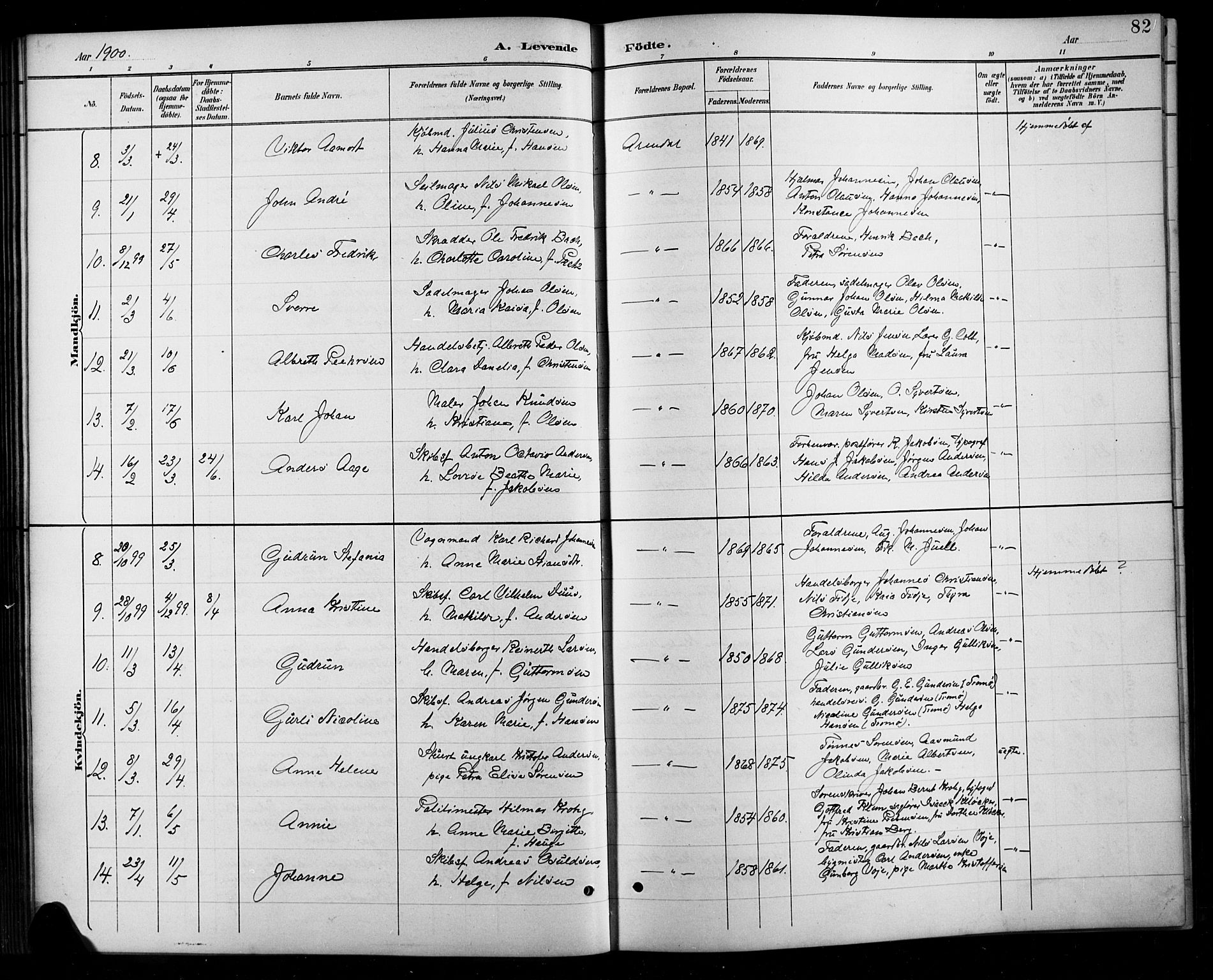 Arendal sokneprestkontor, Trefoldighet, SAK/1111-0040/F/Fb/L0006: Parish register (copy) no. B 6, 1889-1916, p. 82