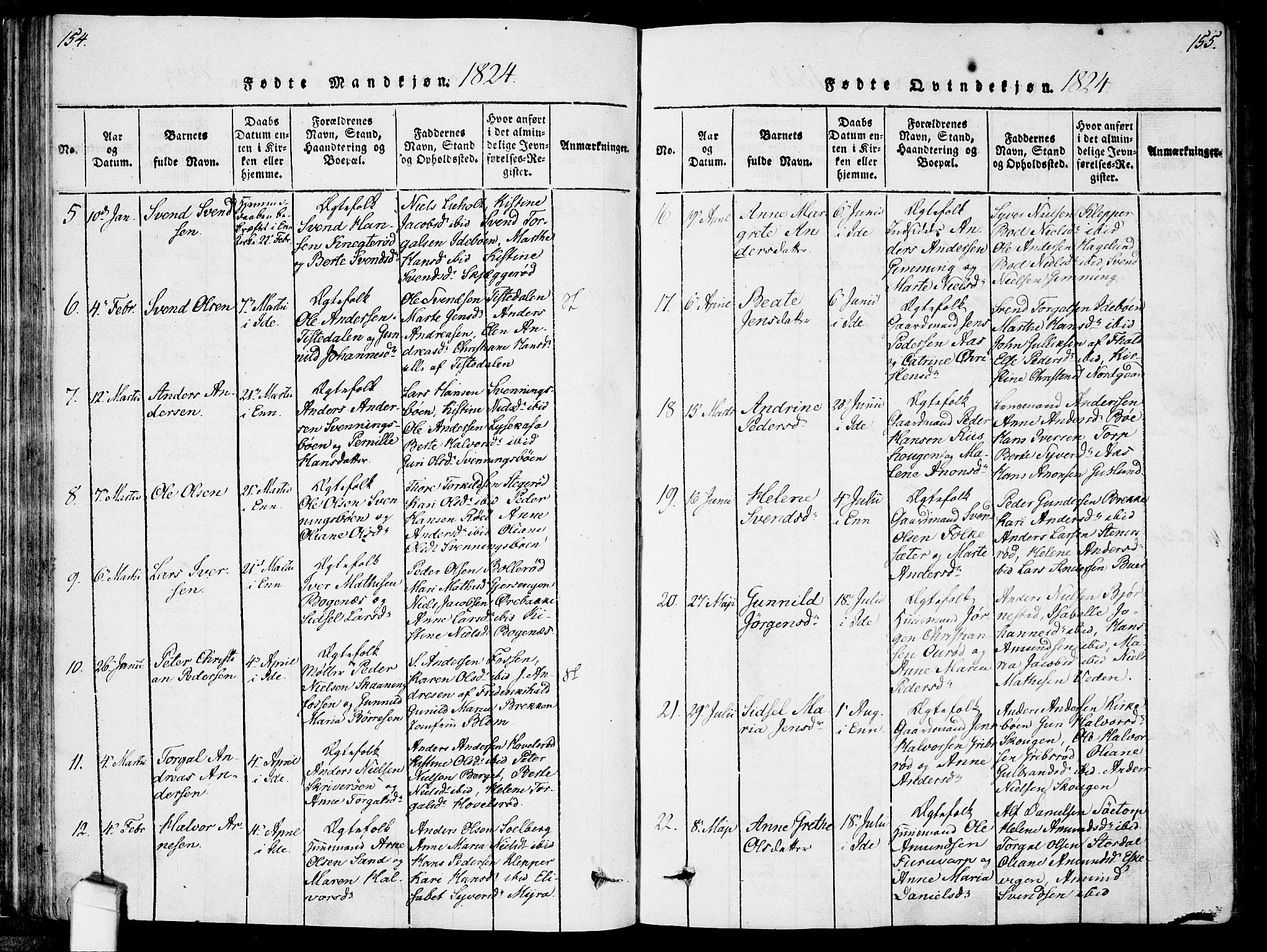 Idd prestekontor Kirkebøker, SAO/A-10911/F/Fc/L0002: Parish register (official) no. III 2, 1815-1831, p. 154-155