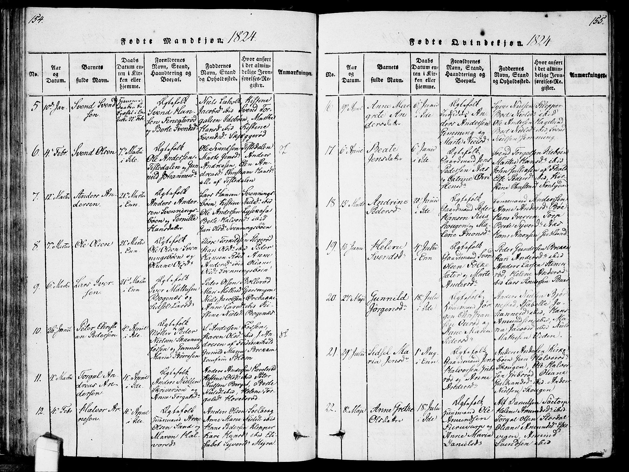 Idd prestekontor Kirkebøker, AV/SAO-A-10911/F/Fc/L0002: Parish register (official) no. III 2, 1815-1831, p. 154-155