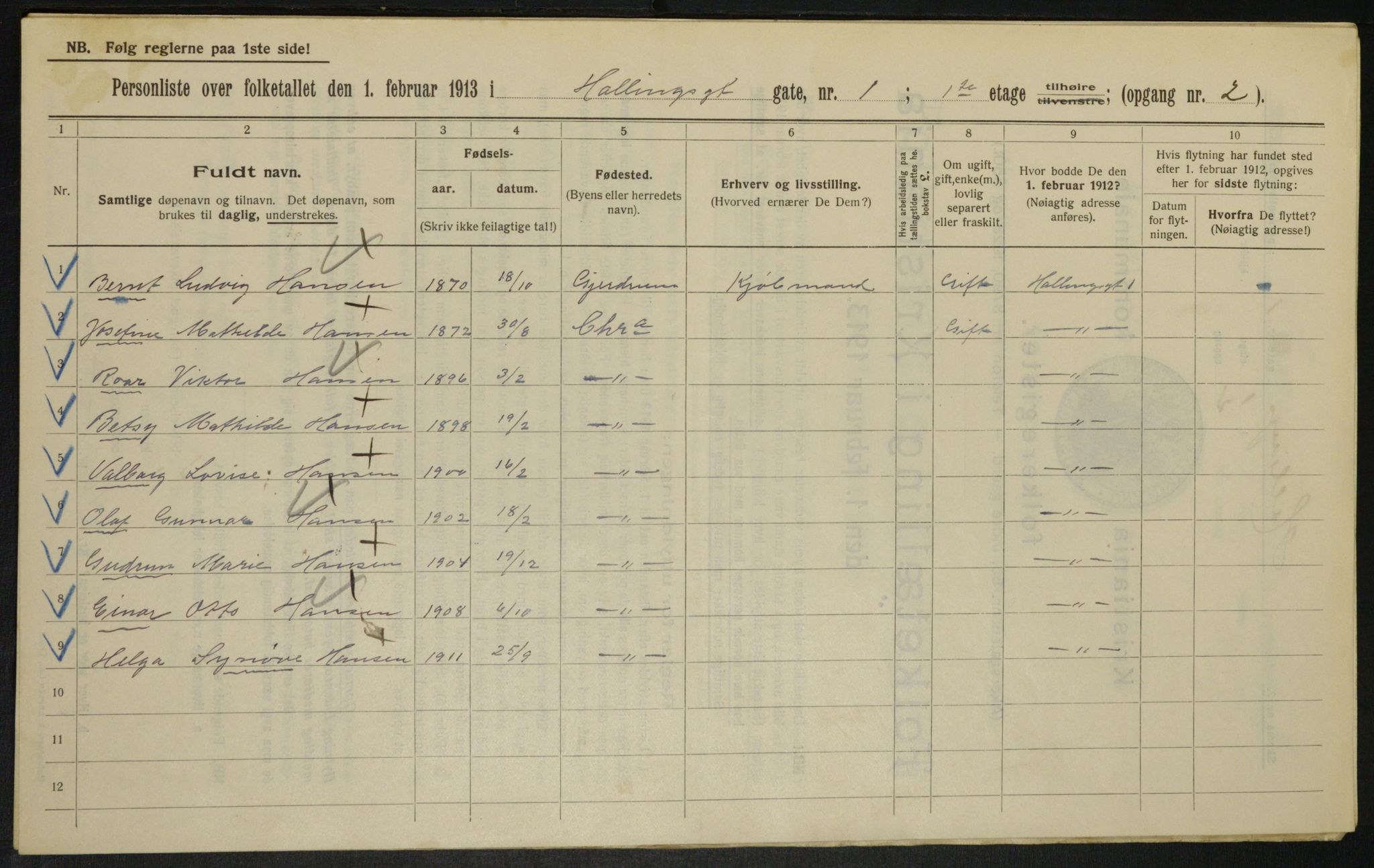 OBA, Municipal Census 1913 for Kristiania, 1913, p. 34106