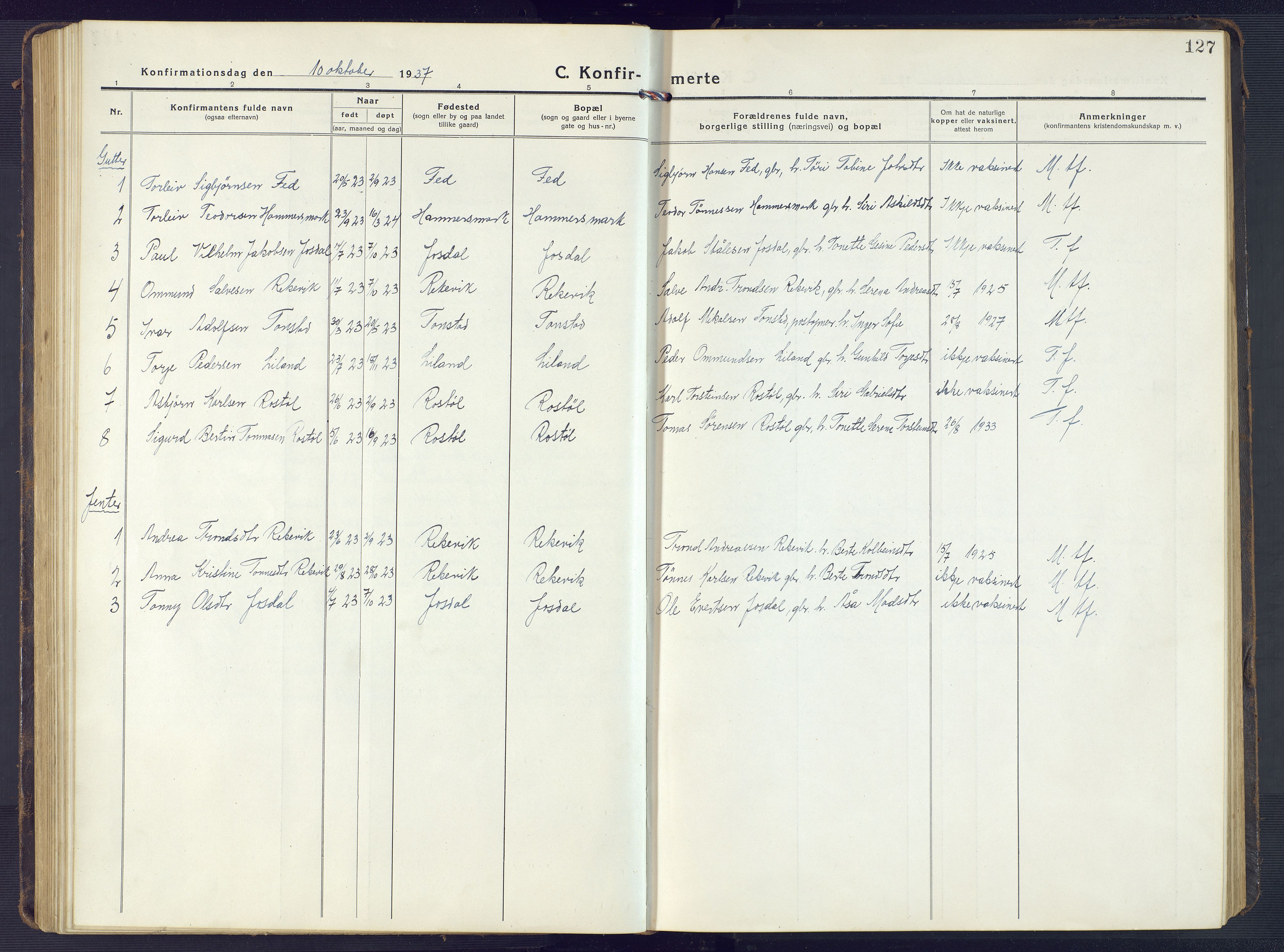 Sirdal sokneprestkontor, SAK/1111-0036/F/Fb/Fbb/L0005: Parish register (copy) no. B 5, 1916-1960, p. 127