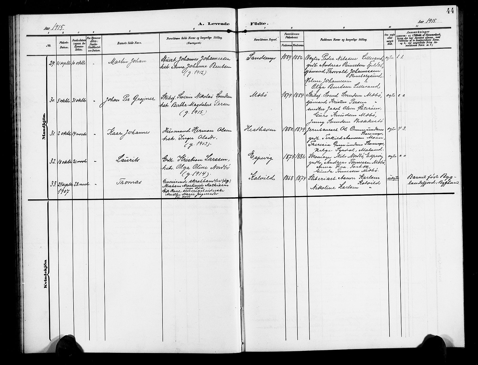 Vestre Moland sokneprestkontor, AV/SAK-1111-0046/F/Fb/Fbb/L0007: Parish register (copy) no. B 7, 1906-1929, p. 44