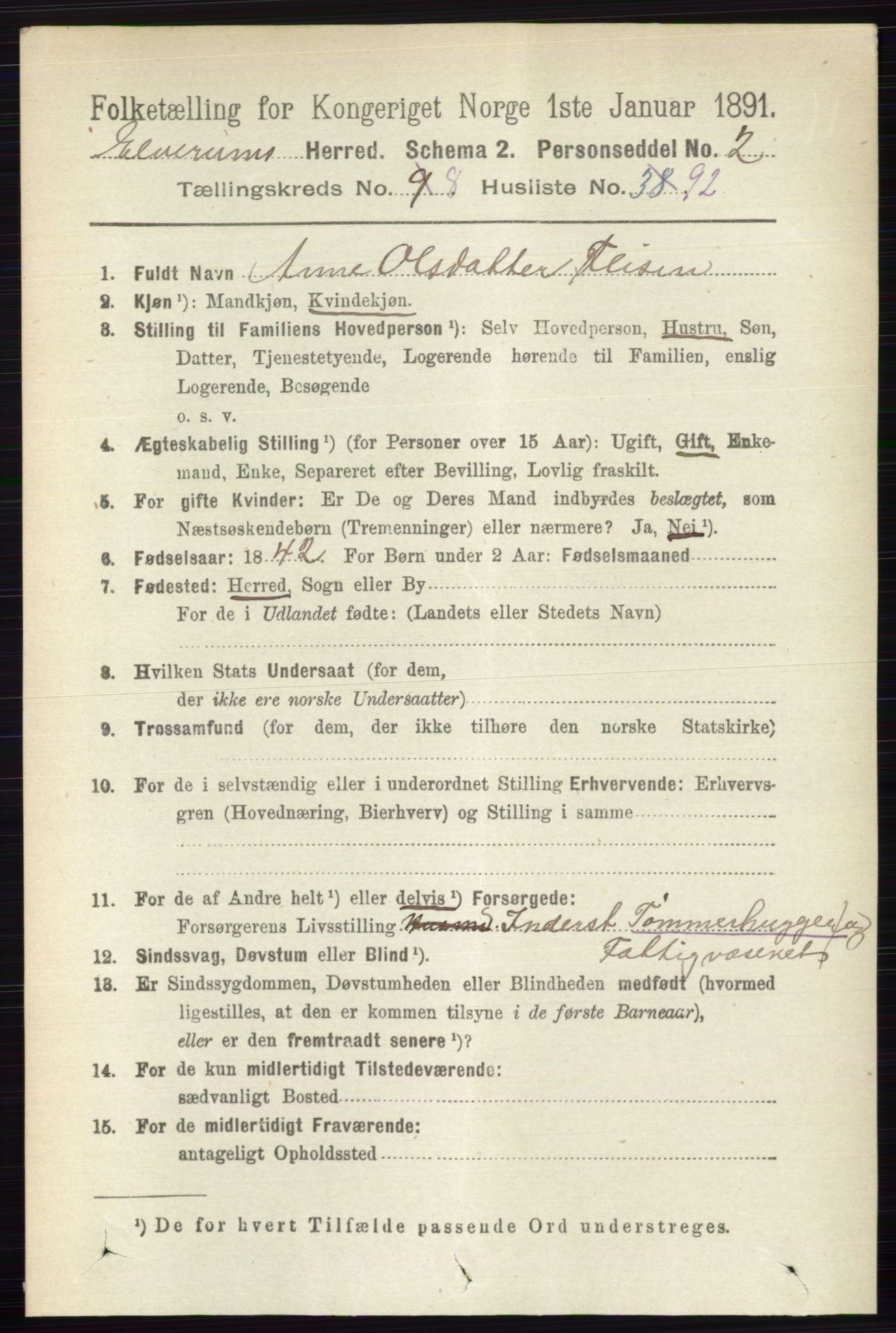 RA, 1891 census for 0427 Elverum, 1891, p. 7592