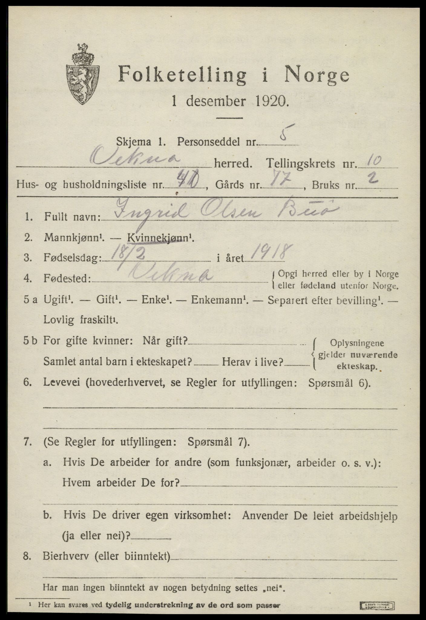 SAT, 1920 census for Vikna, 1920, p. 7295