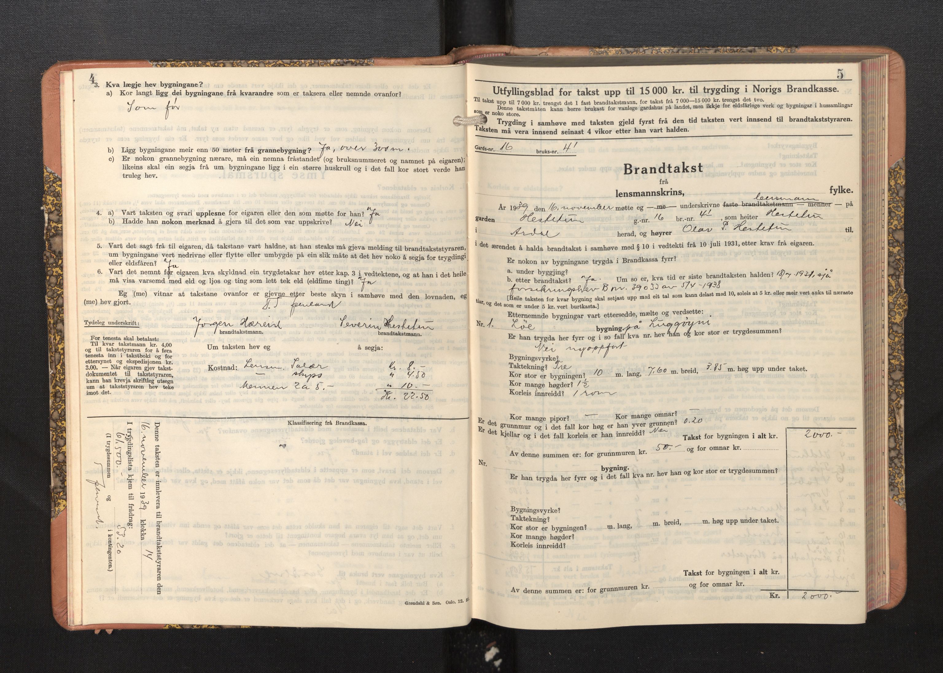 Lensmannen i Årdal, AV/SAB-A-30501/0012/L0011: Branntakstprotokoll, skjematakst, 1939-1948, p. 4-5