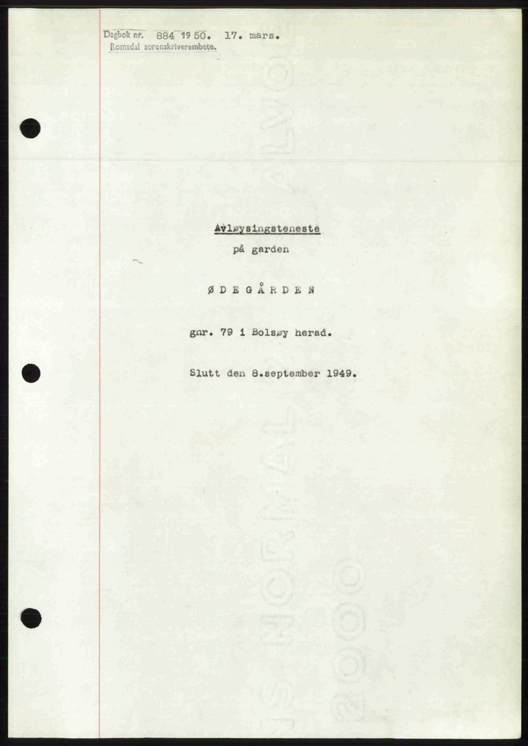 Romsdal sorenskriveri, AV/SAT-A-4149/1/2/2C: Mortgage book no. A32, 1950-1950, Diary no: : 884/1950