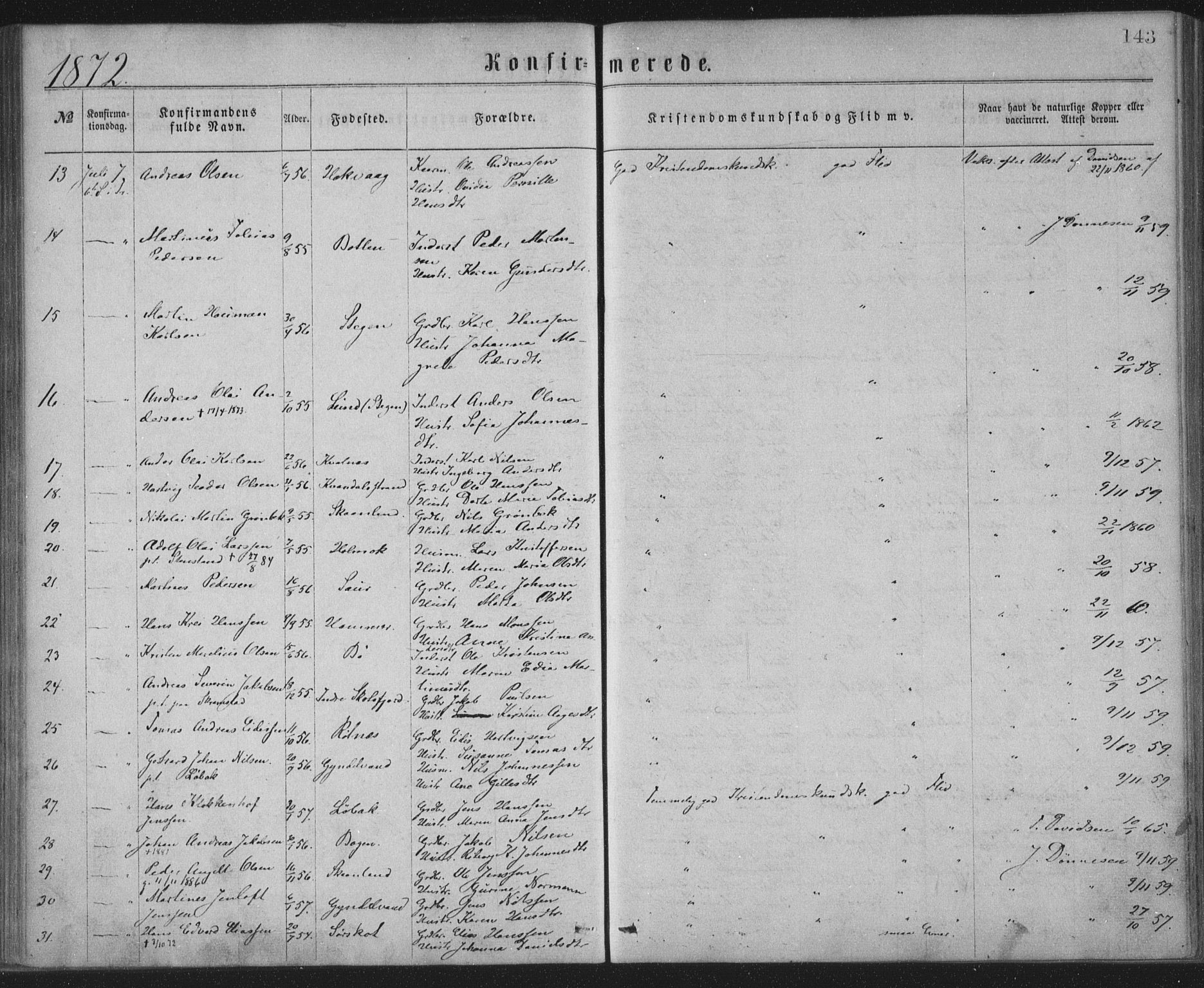 Ministerialprotokoller, klokkerbøker og fødselsregistre - Nordland, AV/SAT-A-1459/855/L0801: Parish register (official) no. 855A09, 1864-1874, p. 143