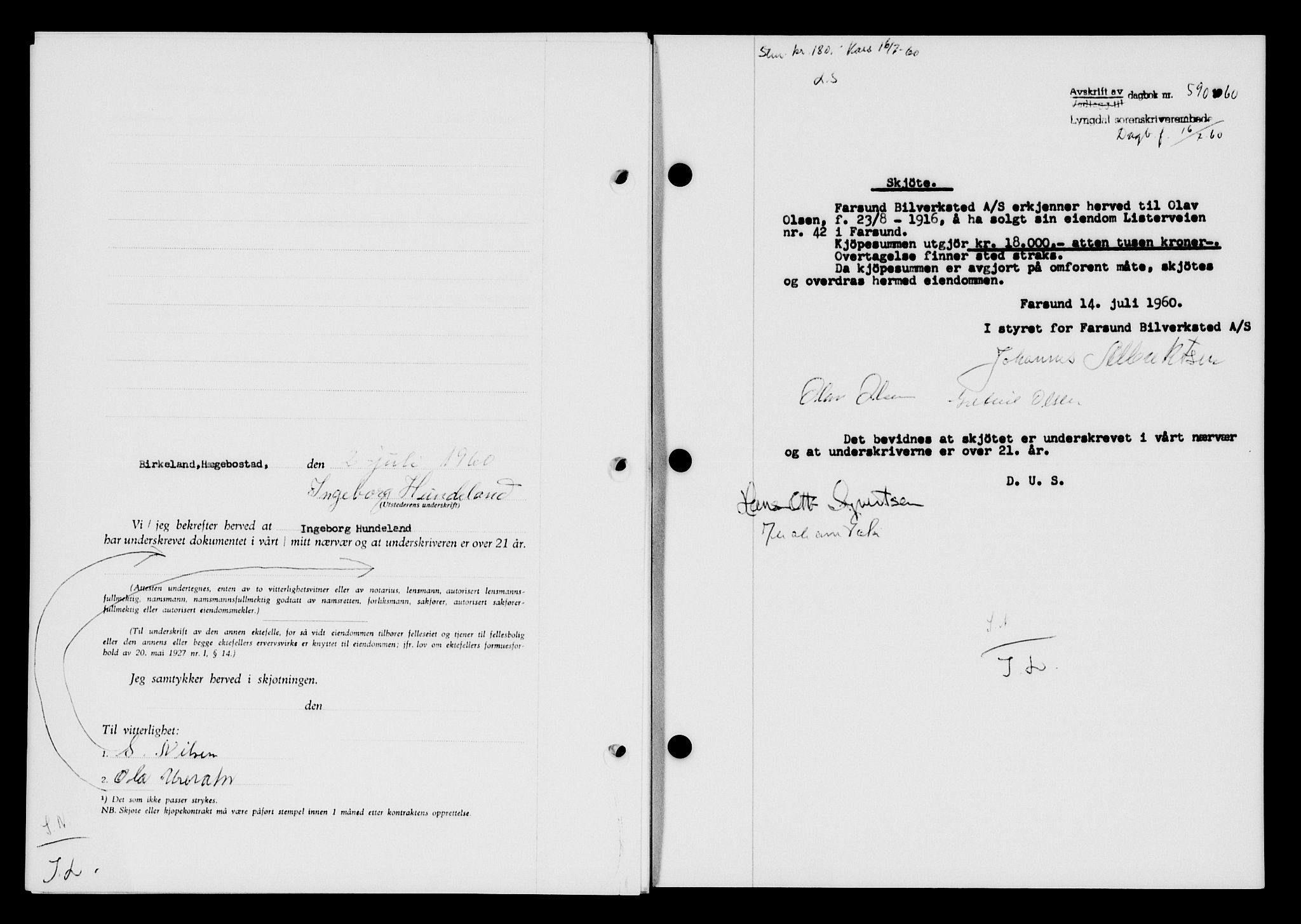 Lyngdal sorenskriveri, AV/SAK-1221-0004/G/Gb/L0680: Mortgage book no. A XXVI, 1960-1960, Diary no: : 590/1960