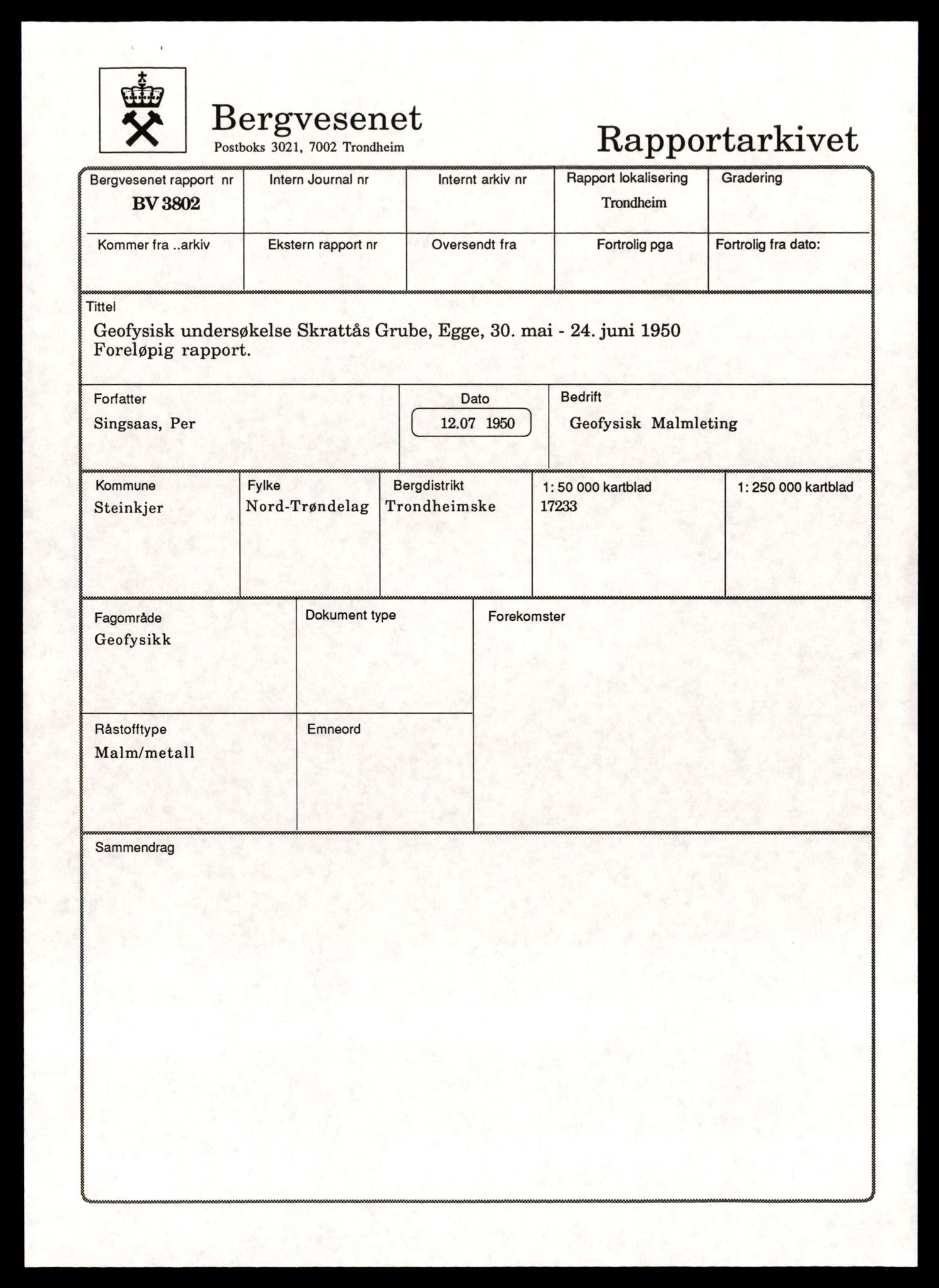 Direktoratet for mineralforvaltning , AV/SAT-A-1562/F/L0433: Rapporter, 1912-1986, p. 539