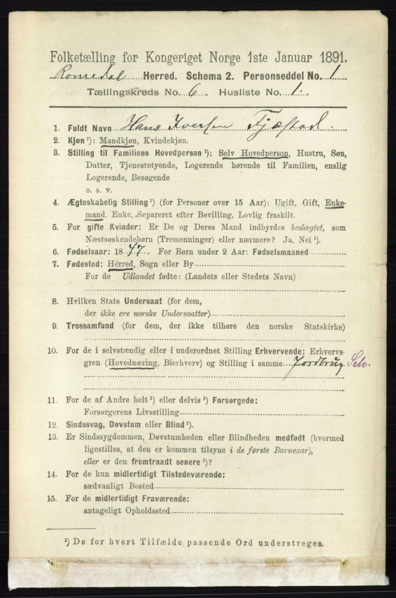 RA, 1891 census for 0416 Romedal, 1891, p. 2952