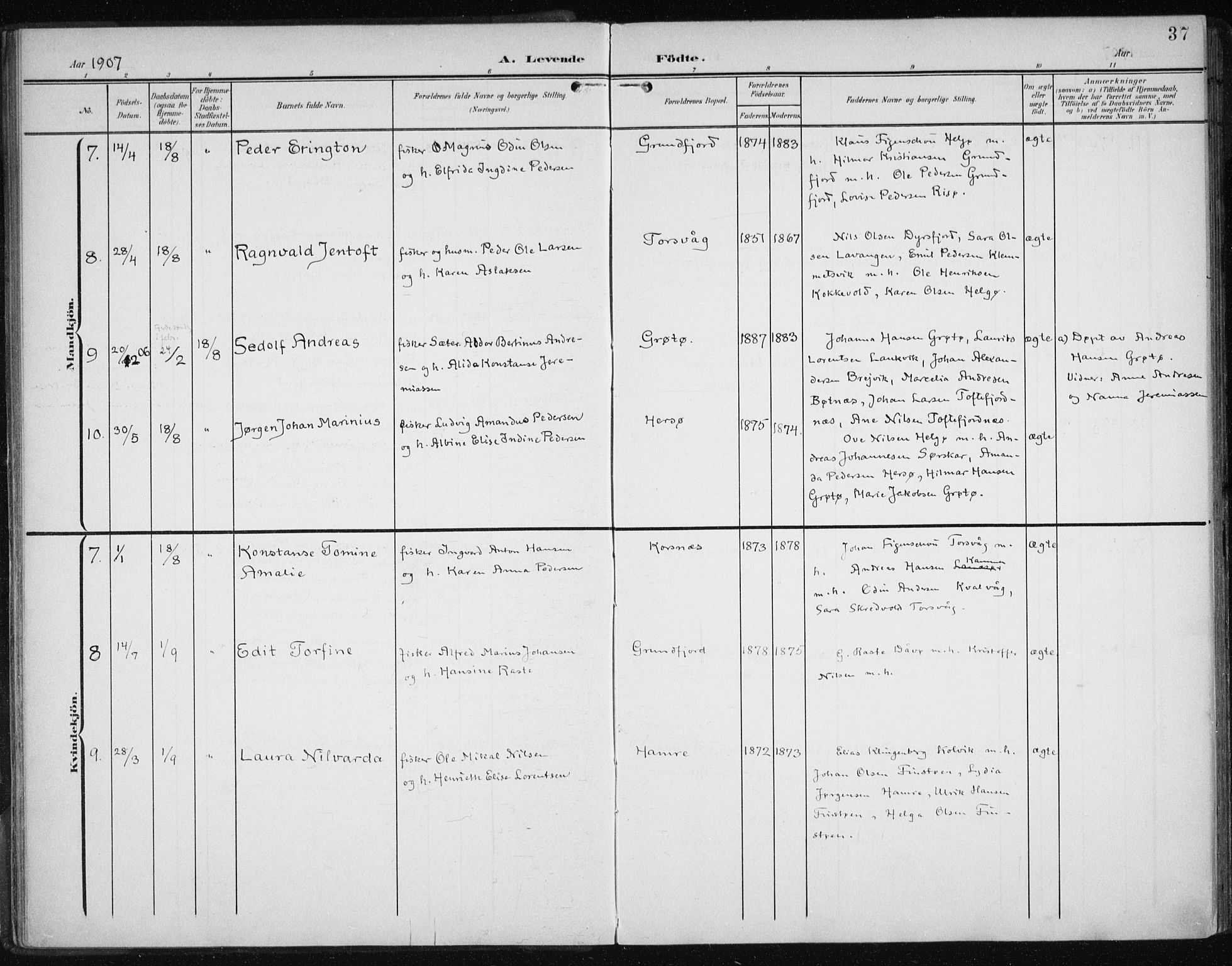 Karlsøy sokneprestembete, AV/SATØ-S-1299/H/Ha/Haa/L0013kirke: Parish register (official) no. 13, 1902-1916, p. 37