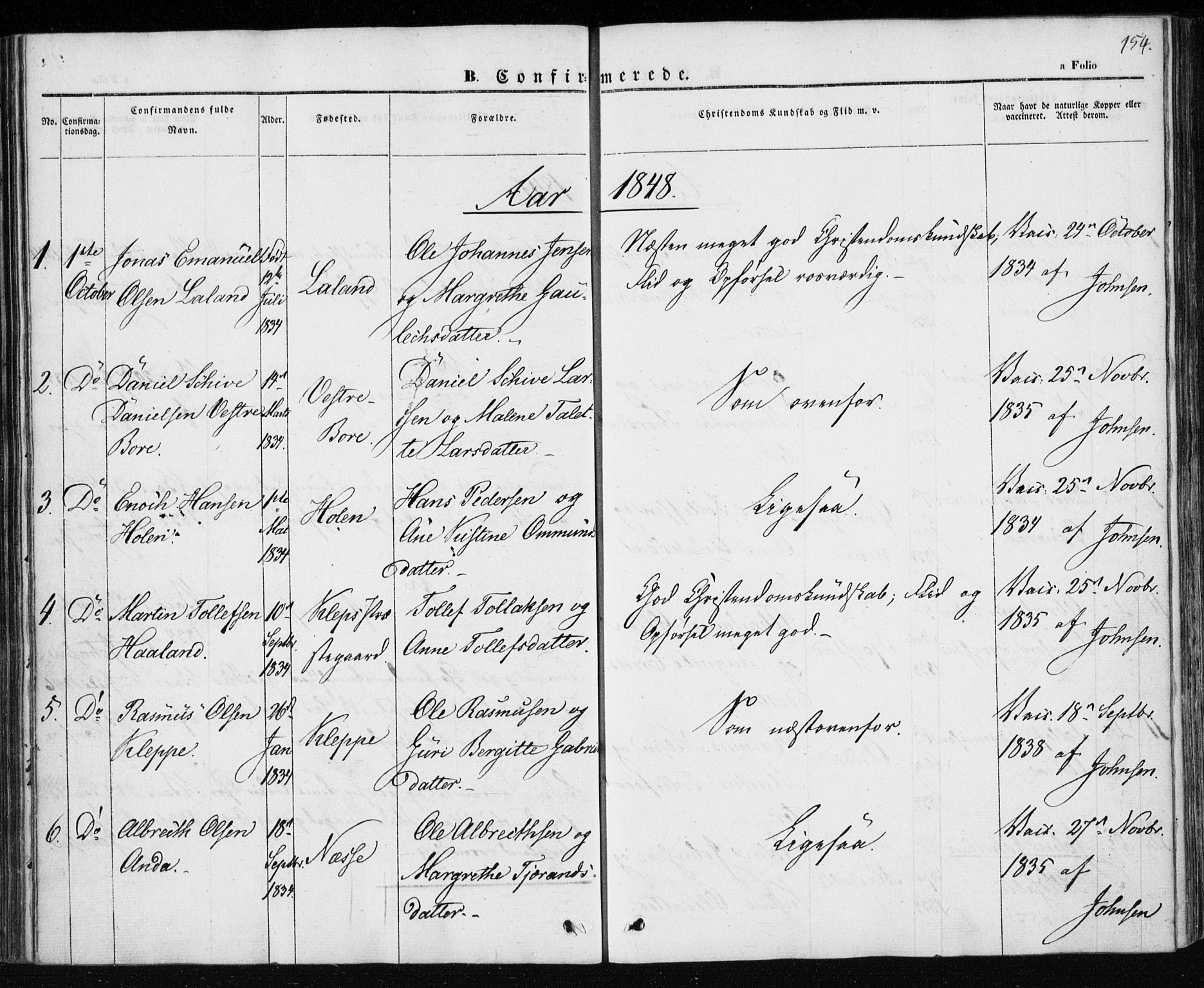 Klepp sokneprestkontor, AV/SAST-A-101803/001/3/30BA/L0004: Parish register (official) no. A 4, 1842-1852, p. 154