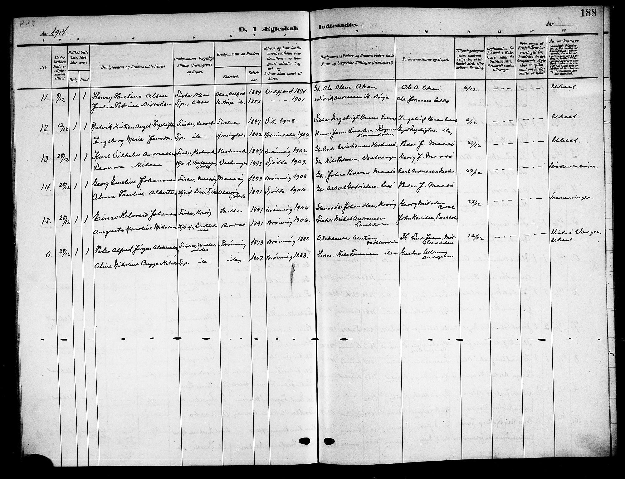 Ministerialprotokoller, klokkerbøker og fødselsregistre - Nordland, SAT/A-1459/813/L0214: Parish register (copy) no. 813C06, 1904-1917, p. 188
