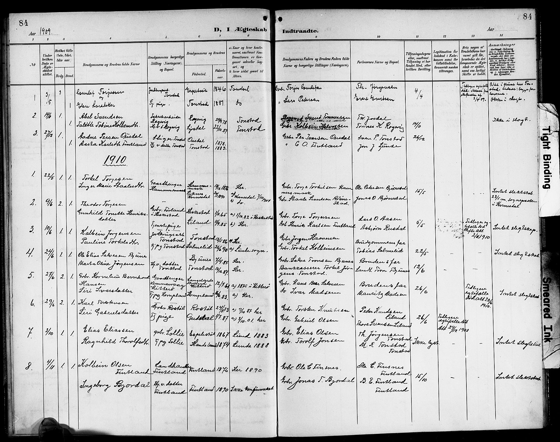Sirdal sokneprestkontor, SAK/1111-0036/F/Fb/Fbb/L0004: Parish register (copy) no. B 4, 1895-1916, p. 84
