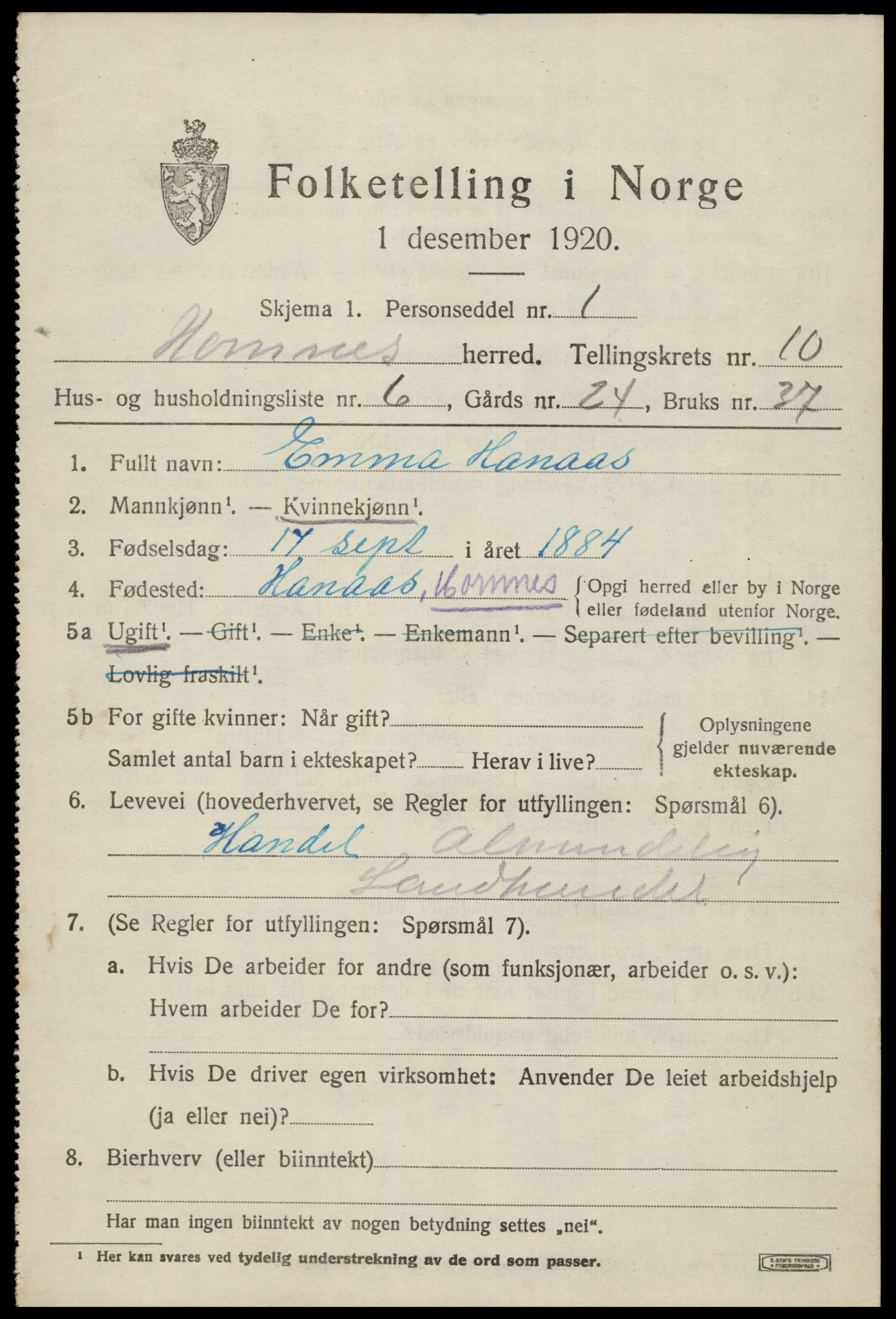 SAK, 1920 census for Hornnes, 1920, p. 2549