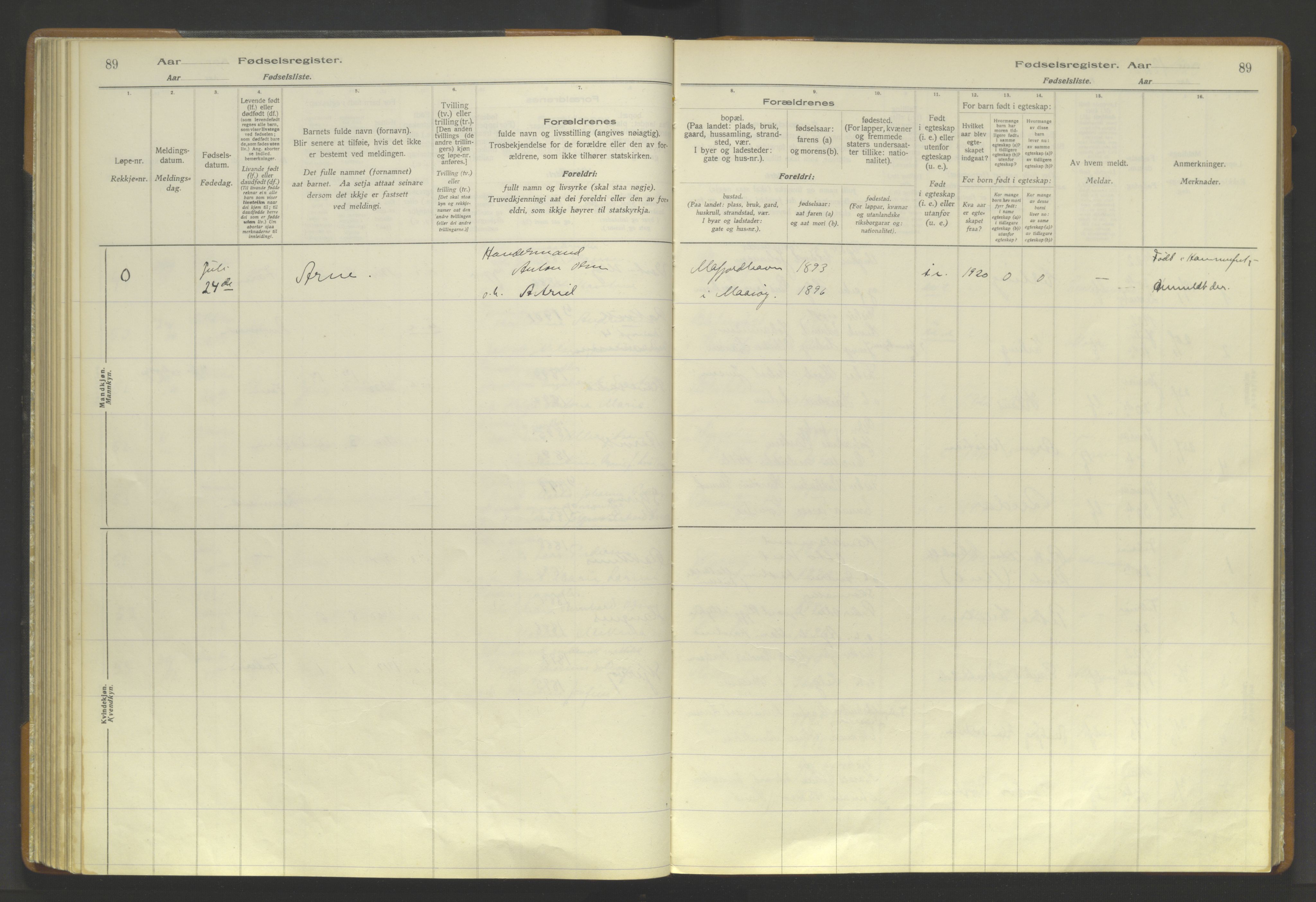 Skjervøy sokneprestkontor, AV/SATØ-S-1300/I/Ia/L0056: Birth register no. 56, 1916-1932, p. 89