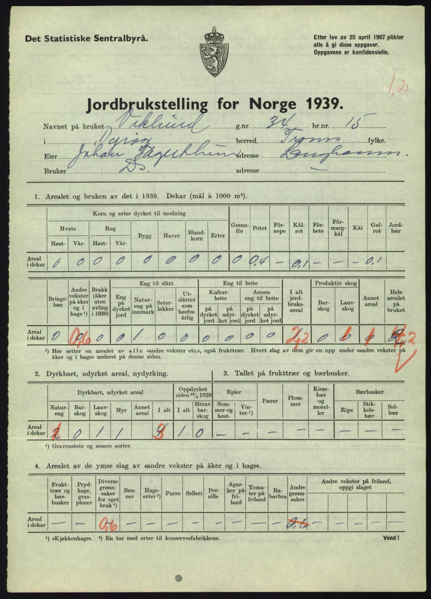 Statistisk sentralbyrå, Næringsøkonomiske emner, Jordbruk, skogbruk, jakt, fiske og fangst, AV/RA-S-2234/G/Gb/L0340: Troms: Salangen og Dyrøy, 1939, p. 863