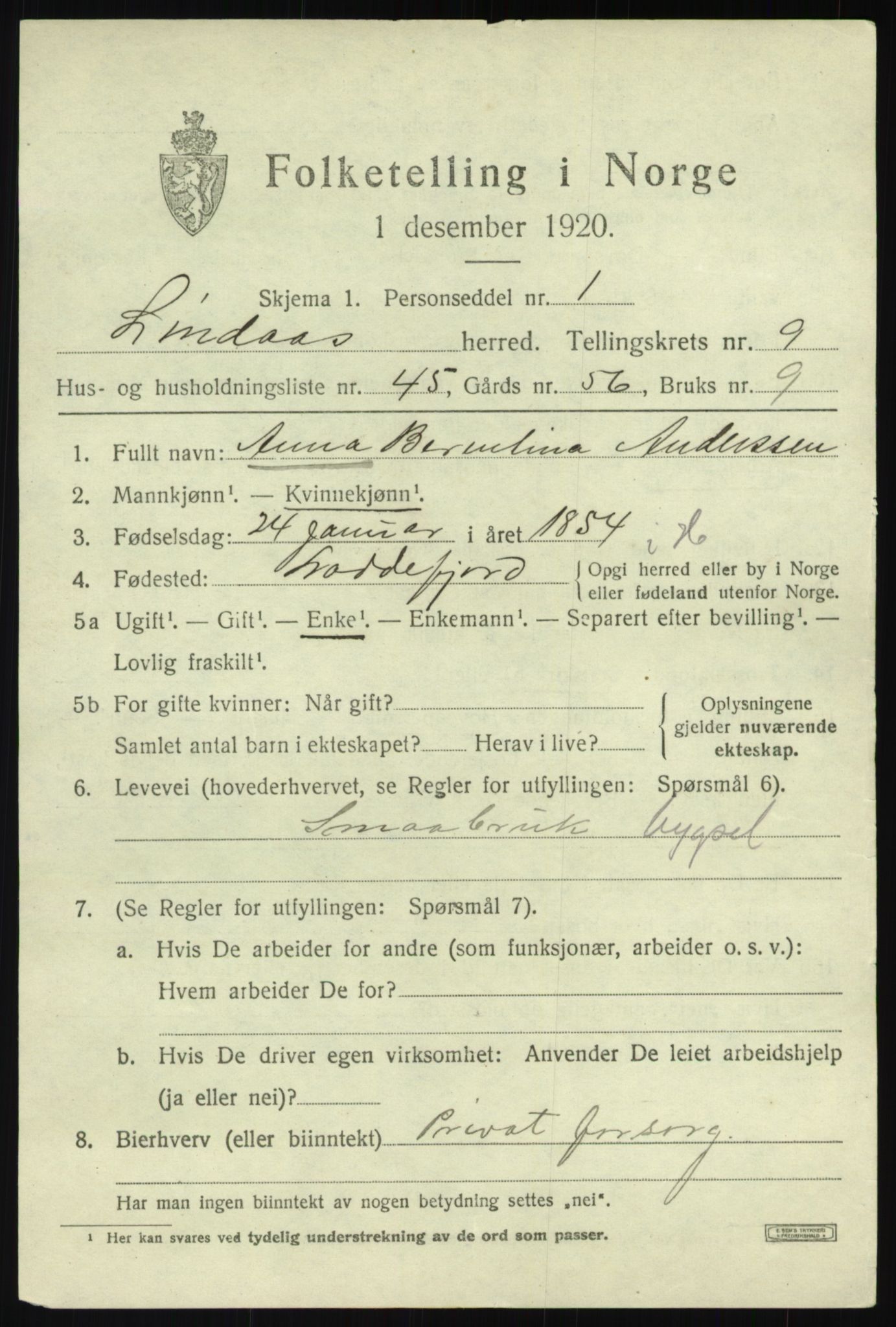 SAB, 1920 census for Lindås, 1920, p. 5329