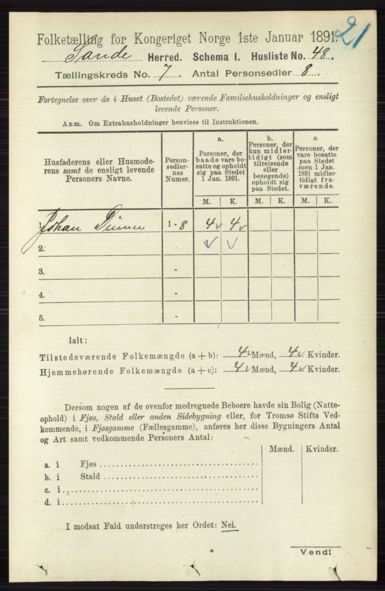 RA, 1891 census for 0713 Sande, 1891, p. 3129