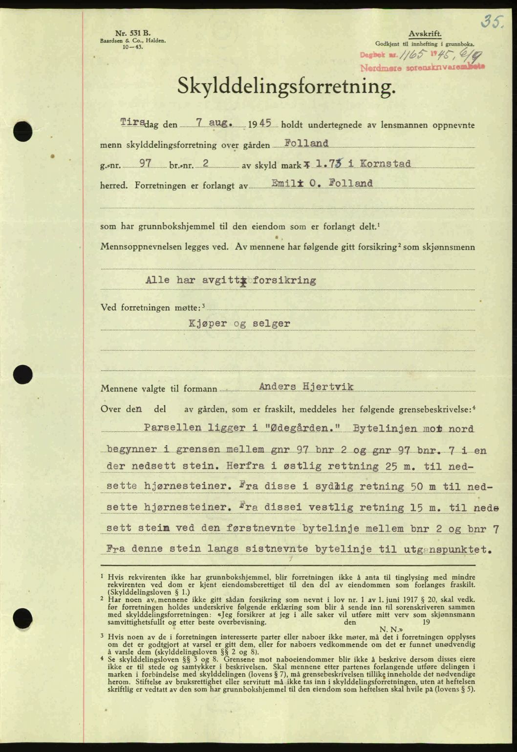 Nordmøre sorenskriveri, AV/SAT-A-4132/1/2/2Ca: Mortgage book no. A100a, 1945-1945, Diary no: : 1165/1945