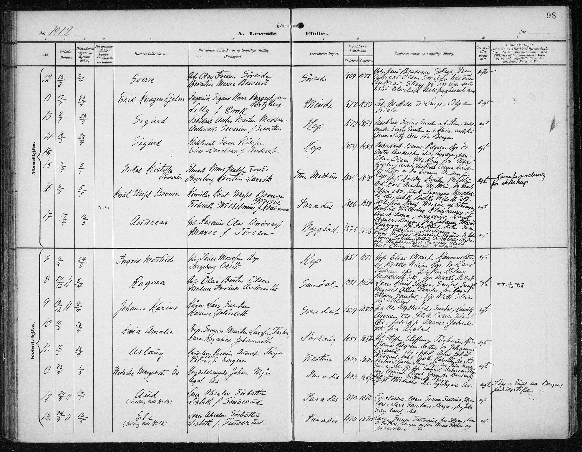 Fana Sokneprestembete, SAB/A-75101/H/Haa/Haai/L0003: Parish register (official) no. I 3, 1900-1912, p. 98