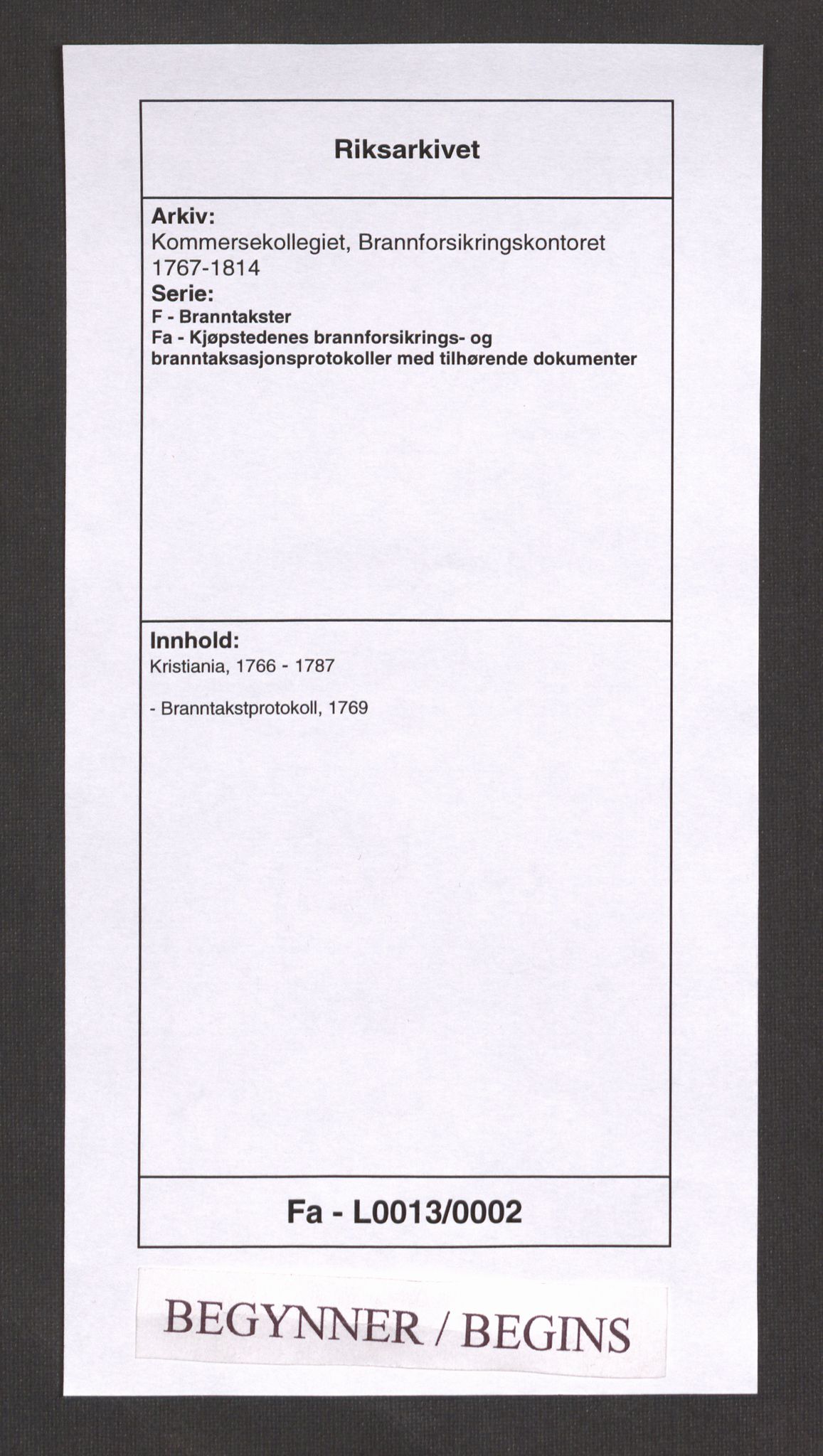 Kommersekollegiet, Brannforsikringskontoret 1767-1814, RA/EA-5458/F/Fa/L0013/0002: Kristiania / Branntakstprotokoll, 1769