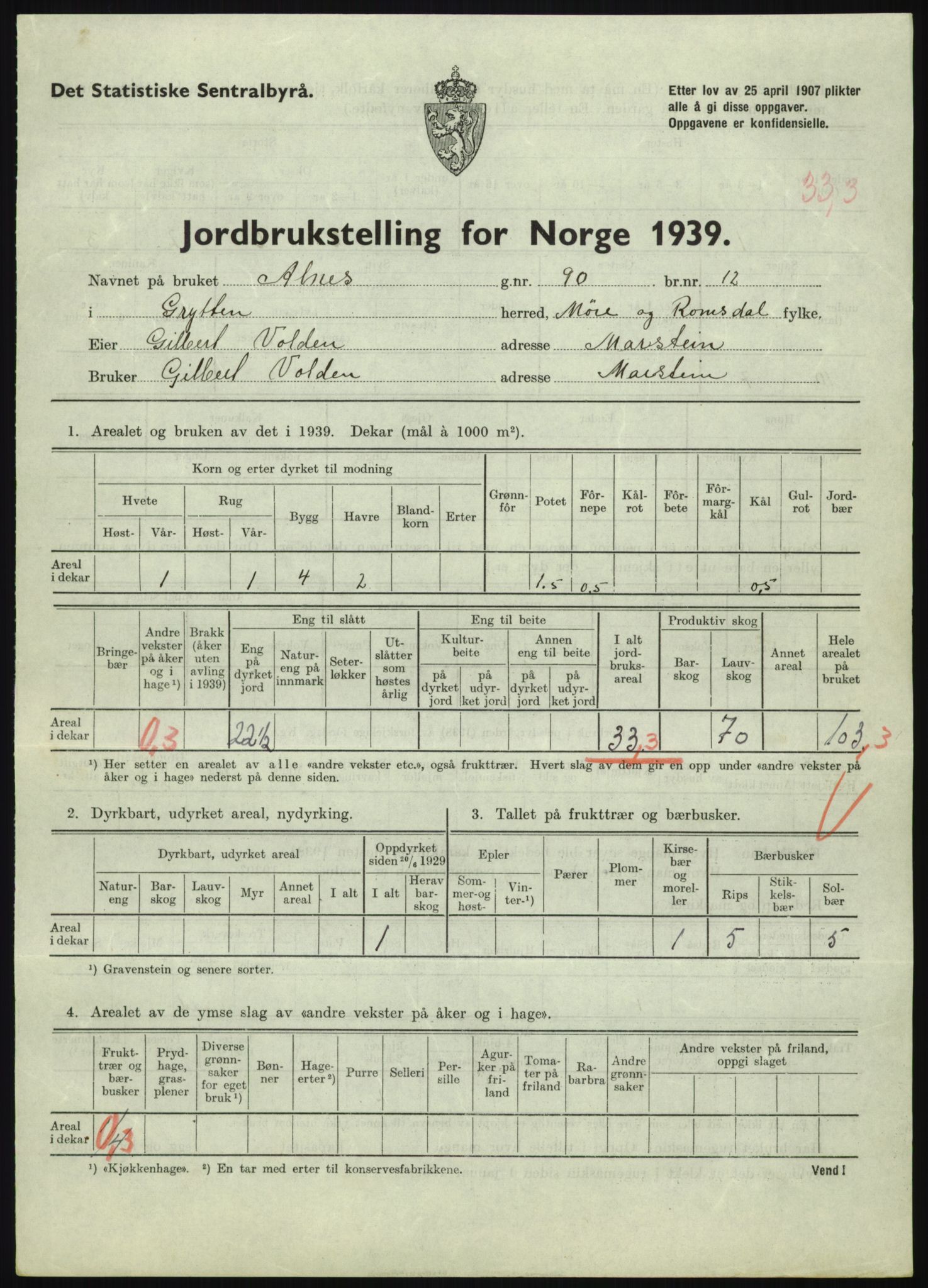 Statistisk sentralbyrå, Næringsøkonomiske emner, Jordbruk, skogbruk, jakt, fiske og fangst, AV/RA-S-2234/G/Gb/L0251: Møre og Romsdal: Voll, Eid, Grytten og Hen, 1939, p. 639