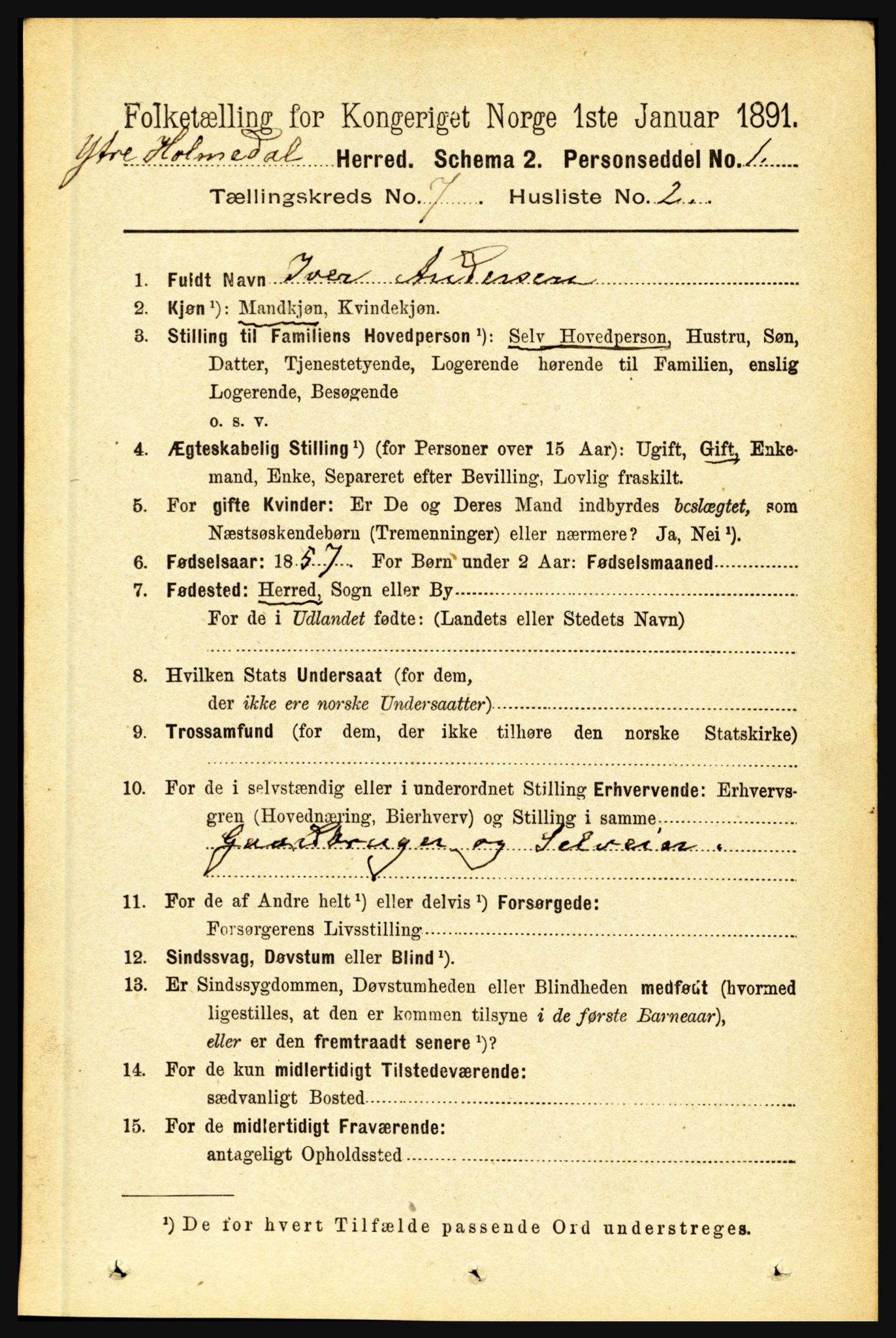 RA, 1891 census for 1429 Ytre Holmedal, 1891, p. 1596