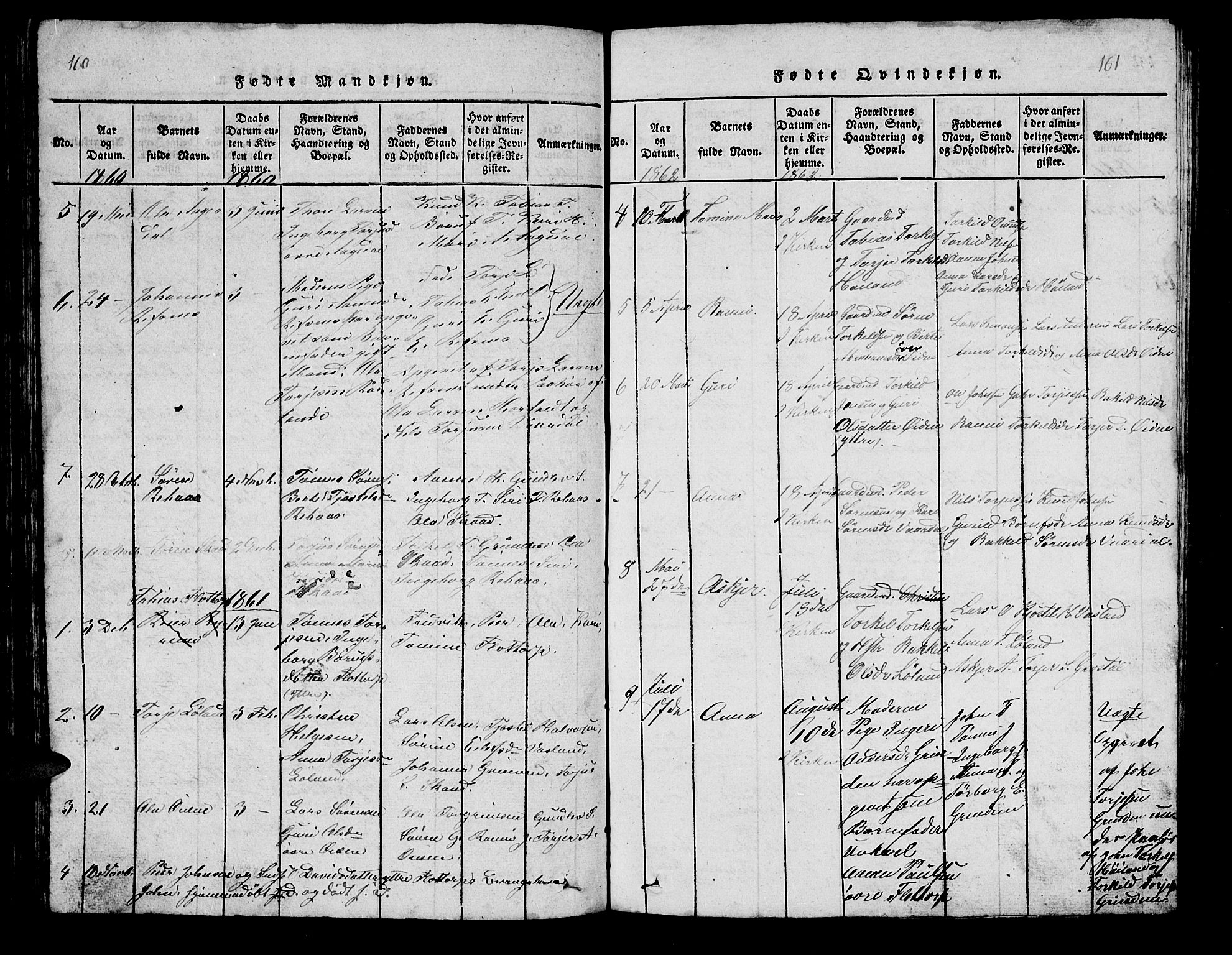 Bjelland sokneprestkontor, SAK/1111-0005/F/Fb/Fbc/L0001: Parish register (copy) no. B 1, 1815-1870, p. 160-161