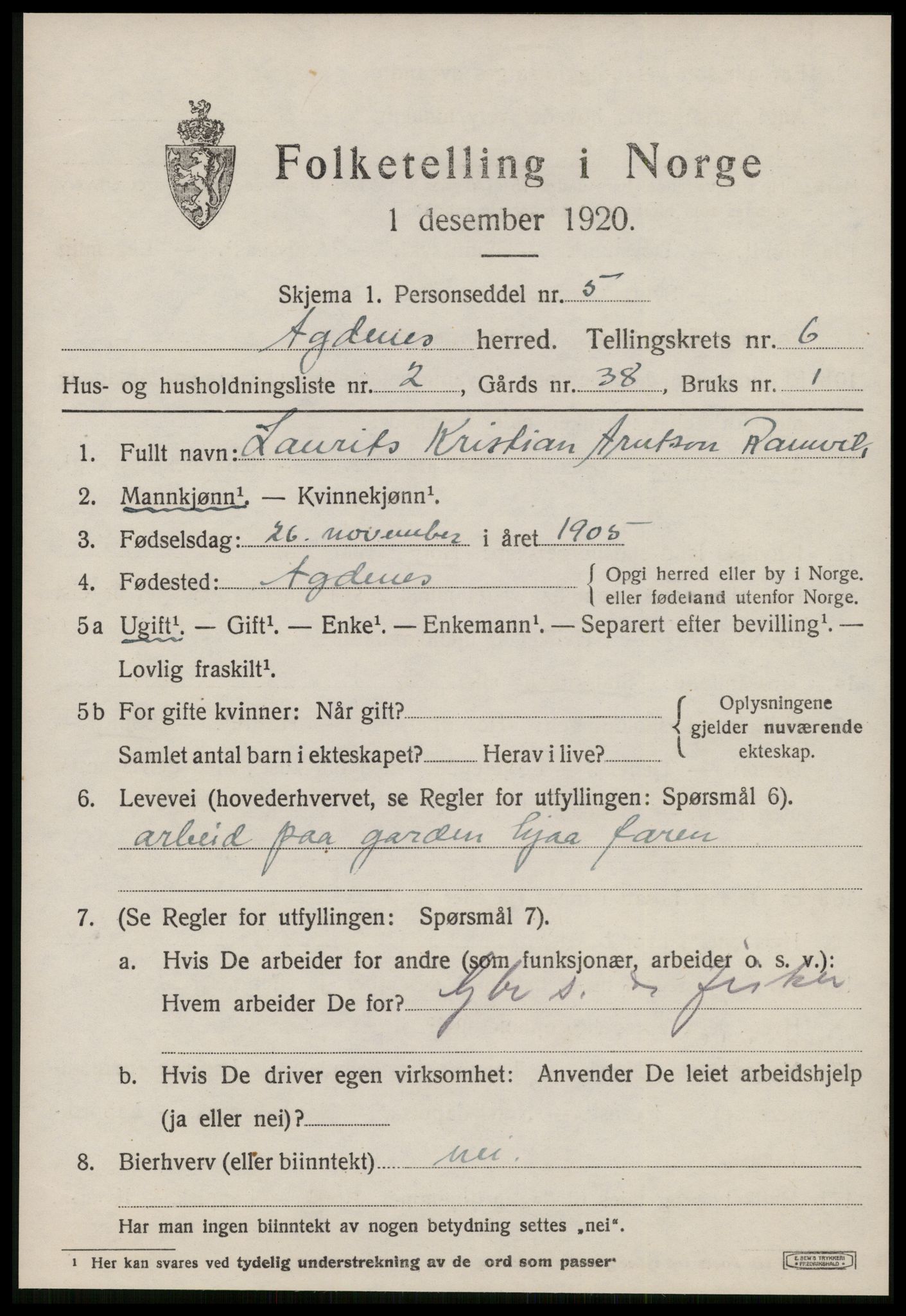 SAT, 1920 census for Agdenes, 1920, p. 2485