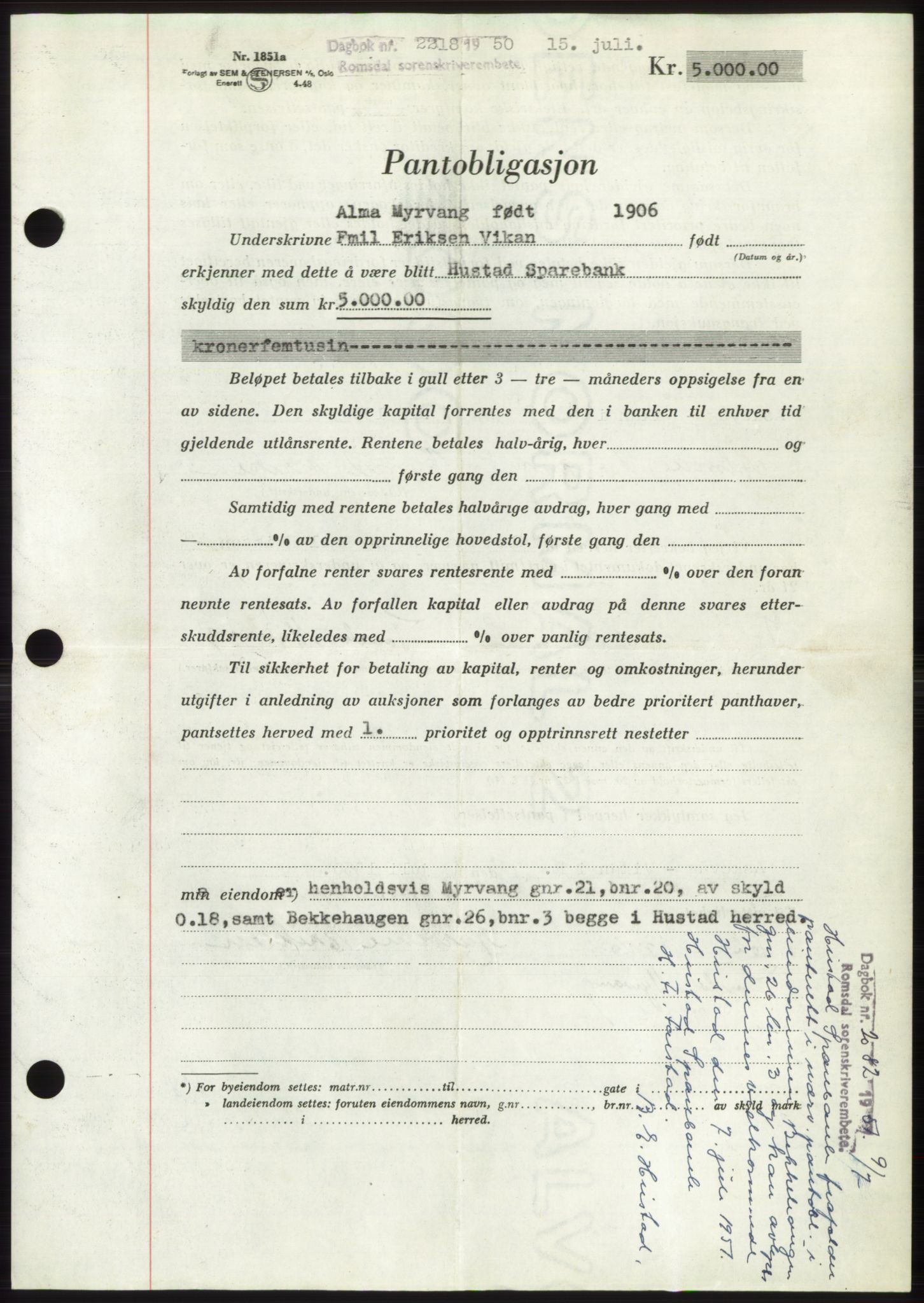 Romsdal sorenskriveri, AV/SAT-A-4149/1/2/2C: Mortgage book no. B5, 1949-1950, Diary no: : 2218/1950