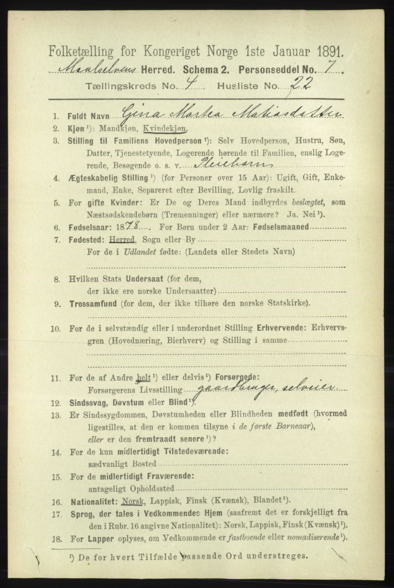 RA, 1891 census for 1924 Målselv, 1891, p. 1232