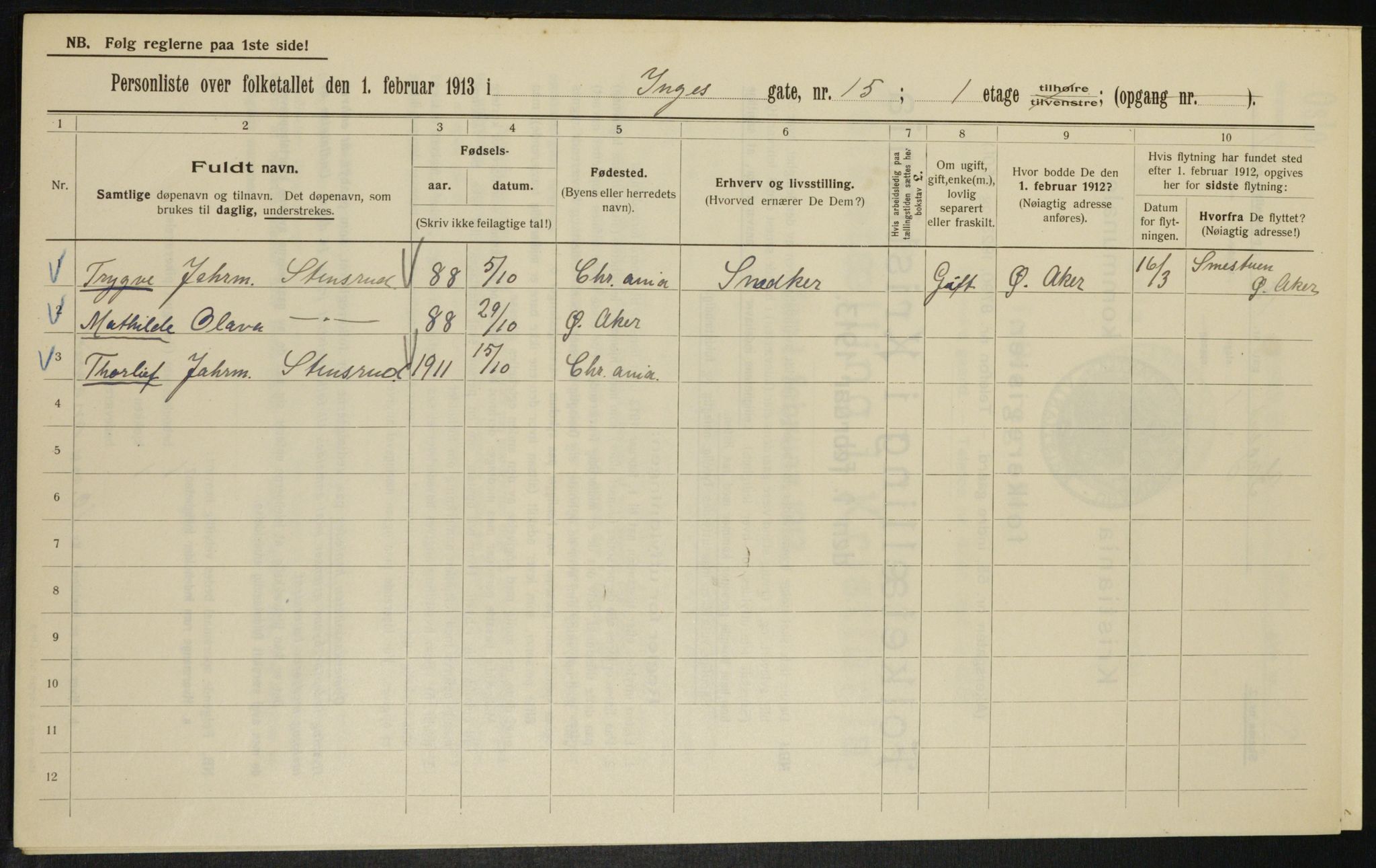 OBA, Municipal Census 1913 for Kristiania, 1913, p. 43788