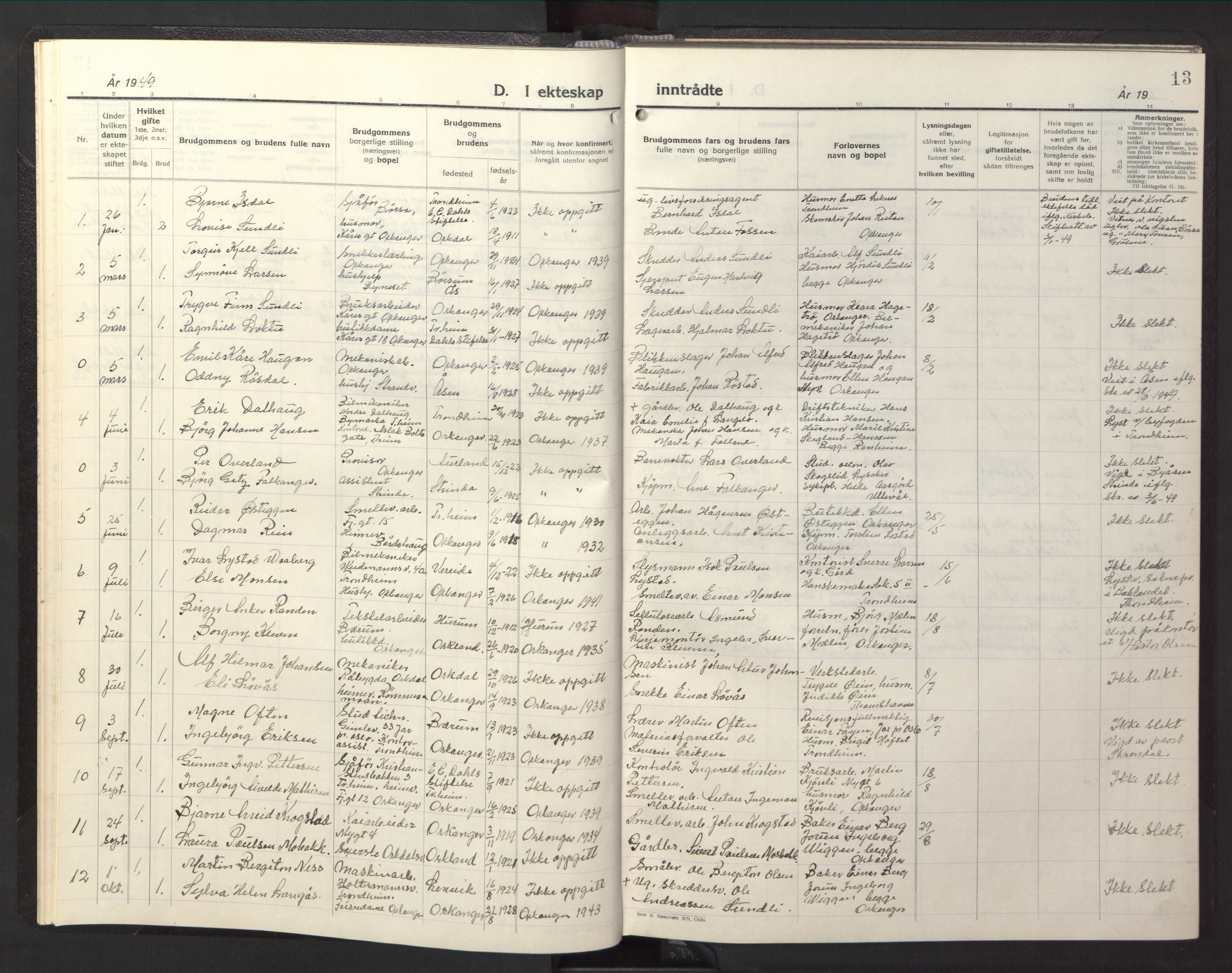 Ministerialprotokoller, klokkerbøker og fødselsregistre - Sør-Trøndelag, SAT/A-1456/669/L0833: Parish register (copy) no. 669C03, 1945-1950, p. 13