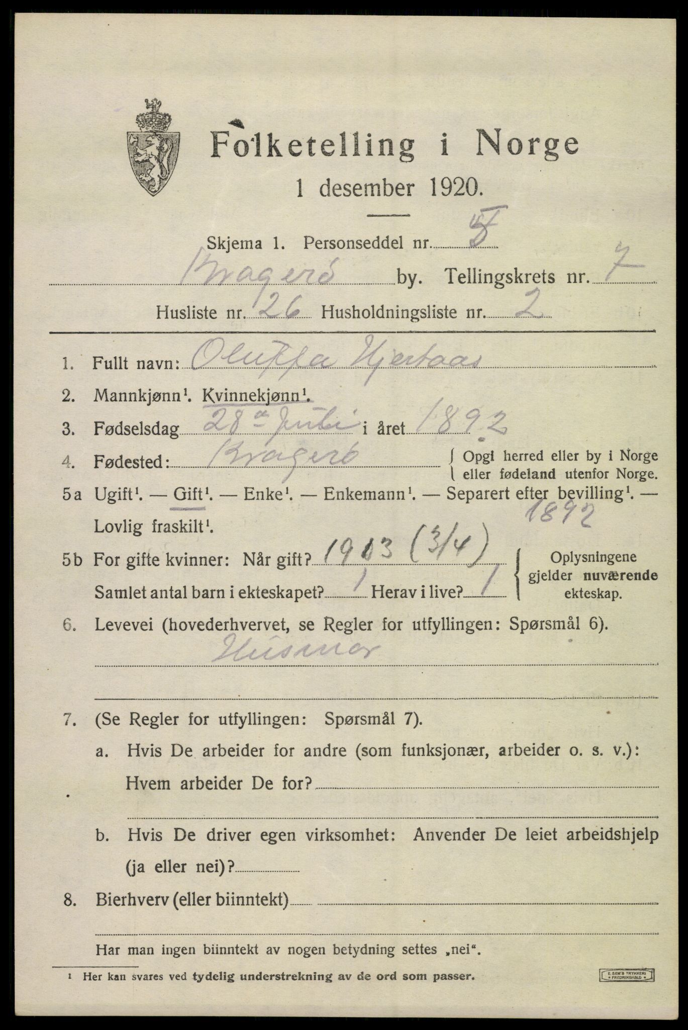 SAKO, 1920 census for Kragerø, 1920, p. 9993