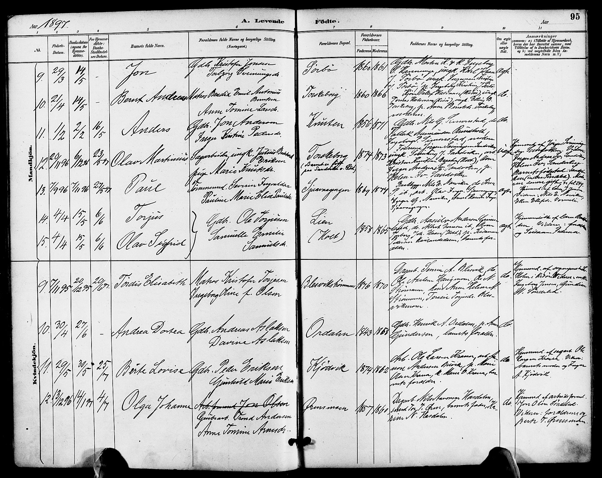 Søndeled sokneprestkontor, AV/SAK-1111-0038/F/Fa/L0005: Parish register (official) no. A 5, 1889-1899, p. 95