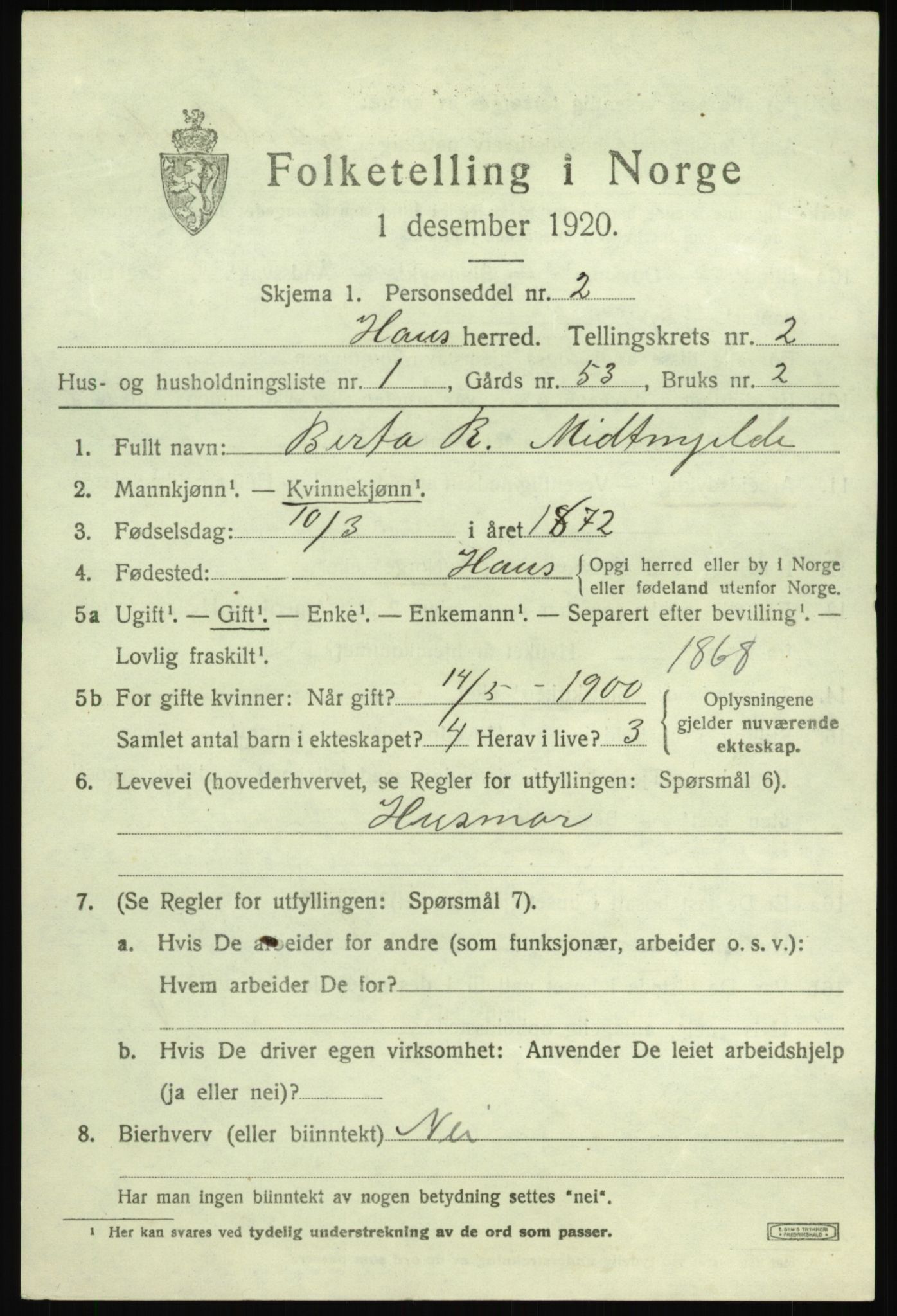 SAB, 1920 census for Haus, 1920, p. 2041